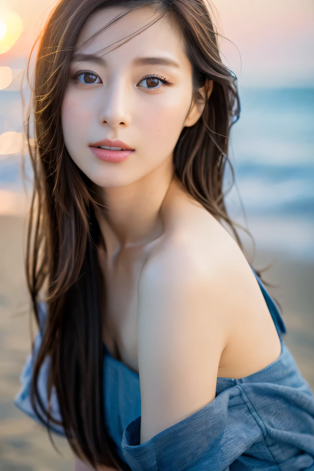 Create a high-quality, hyper-realistic portrait of a very beautiful Japanese idol. She is wearing a clean white summer dress and is squatting on the beach during sunset at sea. The deep indigo of the night sky contrasts with the last vestiges of crimson near the horizon, with swaying waves in the background. The girl has semi-long hair and a slender body with small breasts. The photo should capture her with detailed eyes, a detailed face, and a beautiful, sophisticated nose. The image should have a realistic, delicate, and finely detailed quality, suitable for a fashion magazine cover. Use cinema lighting and soft light to enhance her features. Ensure the photo is of the highest quality, with a resolution of 8K, making it perfect for a 2K wallpaper.