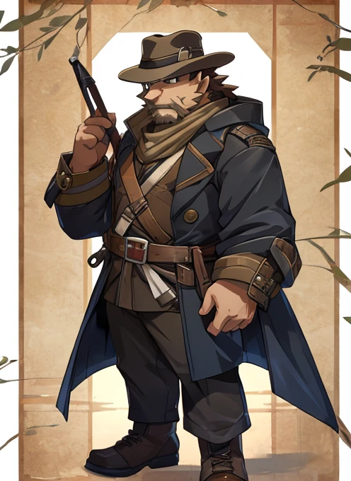 ((A middle-aged man who is an experienced explorer)),Wear a hat and coat, jRPG characters, Full body details, Dark Shading,Brown Hair,( evaluate ), Character&#39;s whole body, Full body shot with super details, Very detailed, Full body character, Full character, Full character body, Standard Character, Full body details,((Very big body)),((Very muscular beard)),((Being fat)）,((Strong muscular body)),A bold and open-minded man,((Attractive groin bulge)),