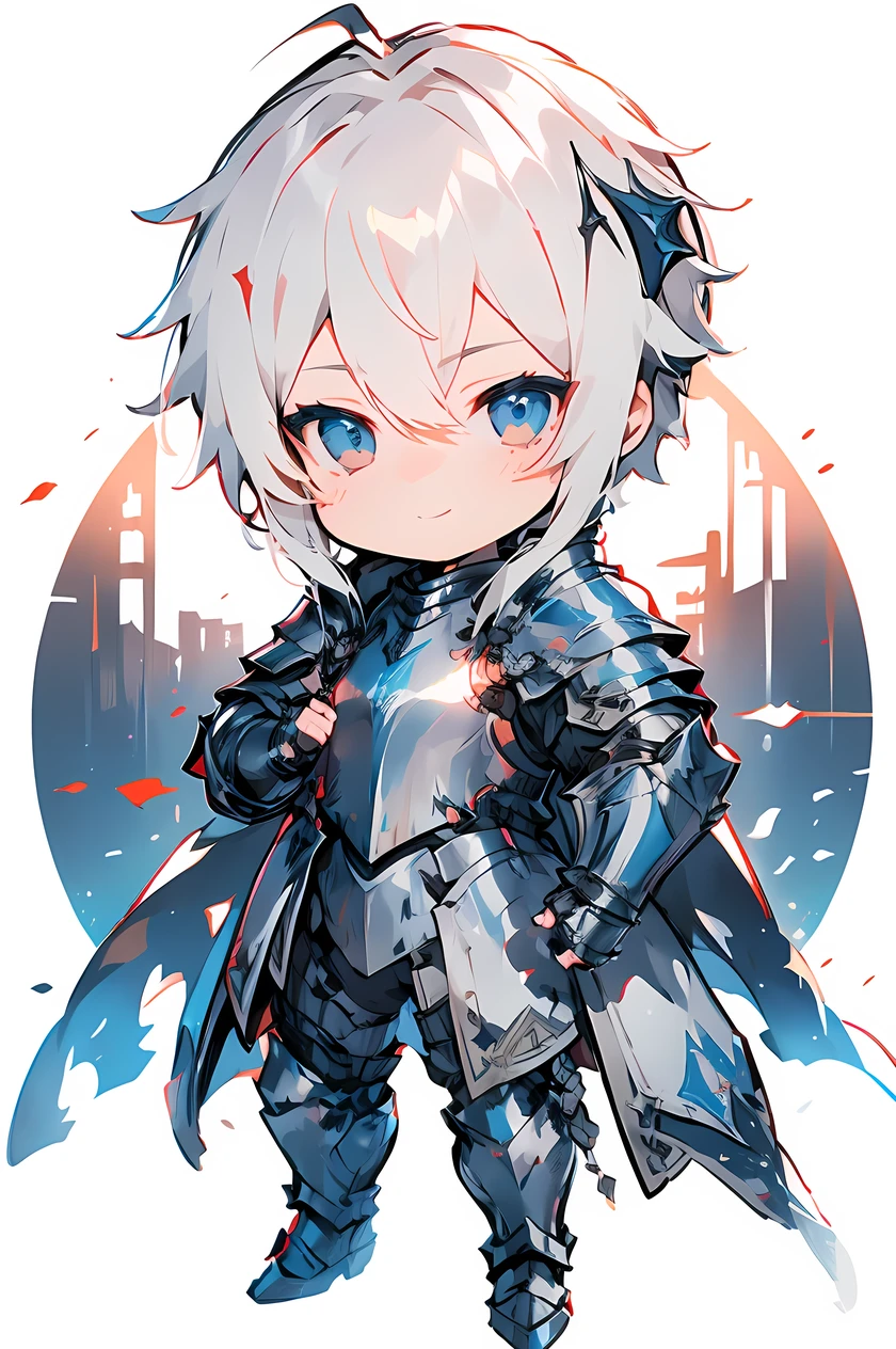 ((masterpiece)), accurate, textured skin, ((super detail)), high quality, high details, highres, best quality, chibi, knight, male, white hair, light smile, steel armor, 2 heads, deformed character