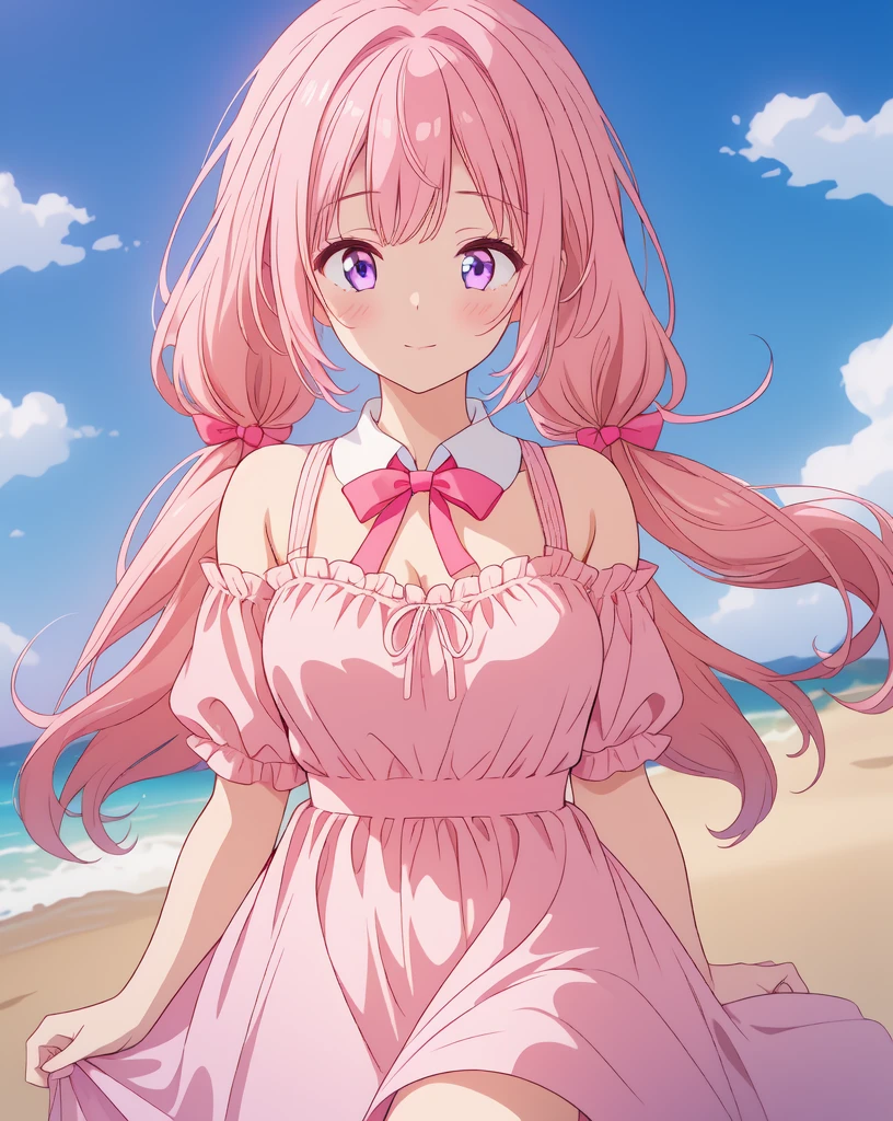 masterpiece, best quality,solo, floating hair,nishikino maki,pink hair, detailed eyes,purple eyes, white see-through top, green skirt, nile river, sunset,palm tree,medium breasts , sitting