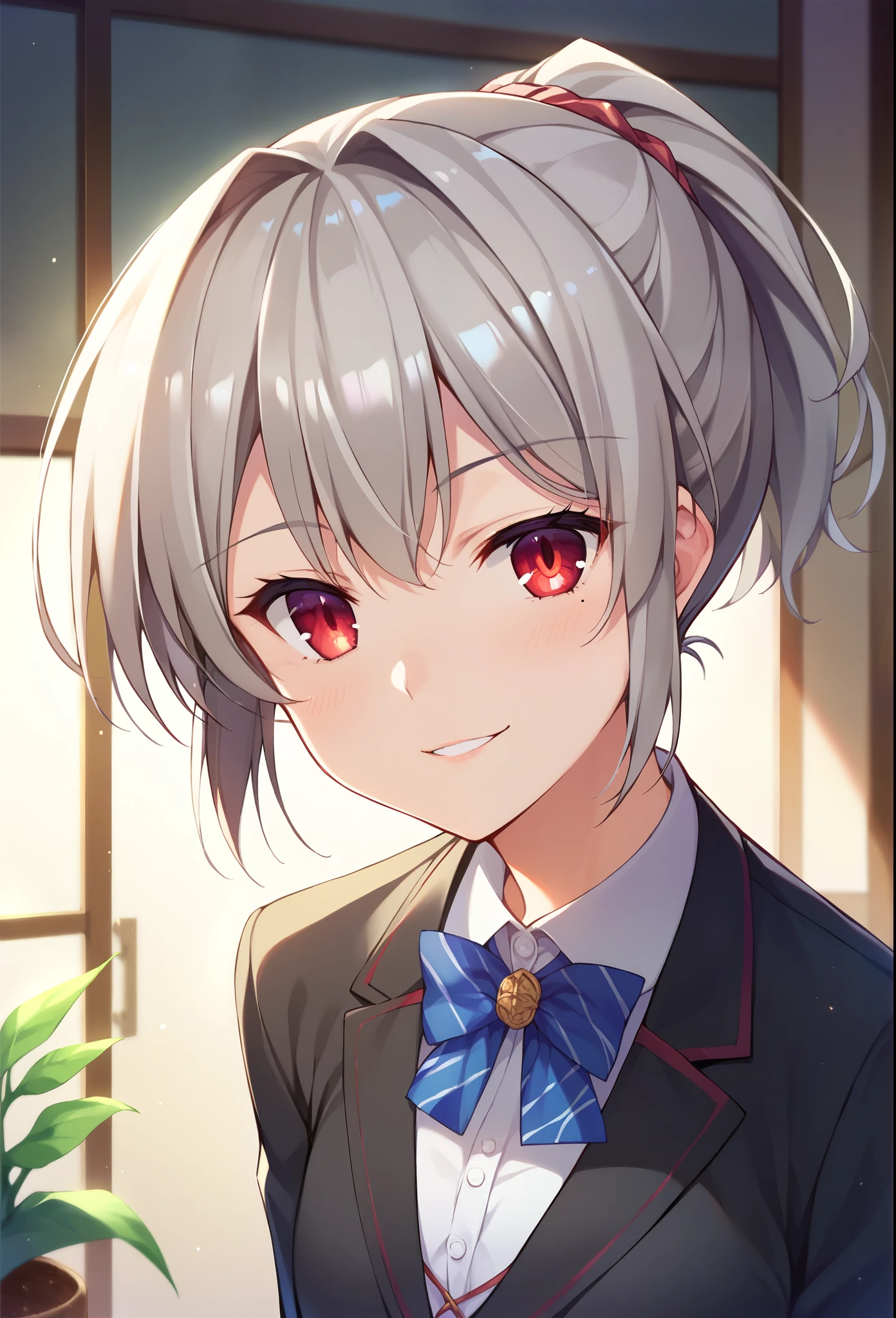 score_9, score_8_up, score_7_up, source_anime, 1girl,red eyes,smile, room, wariza, ponytail,grey hair, portrait, blazer,  