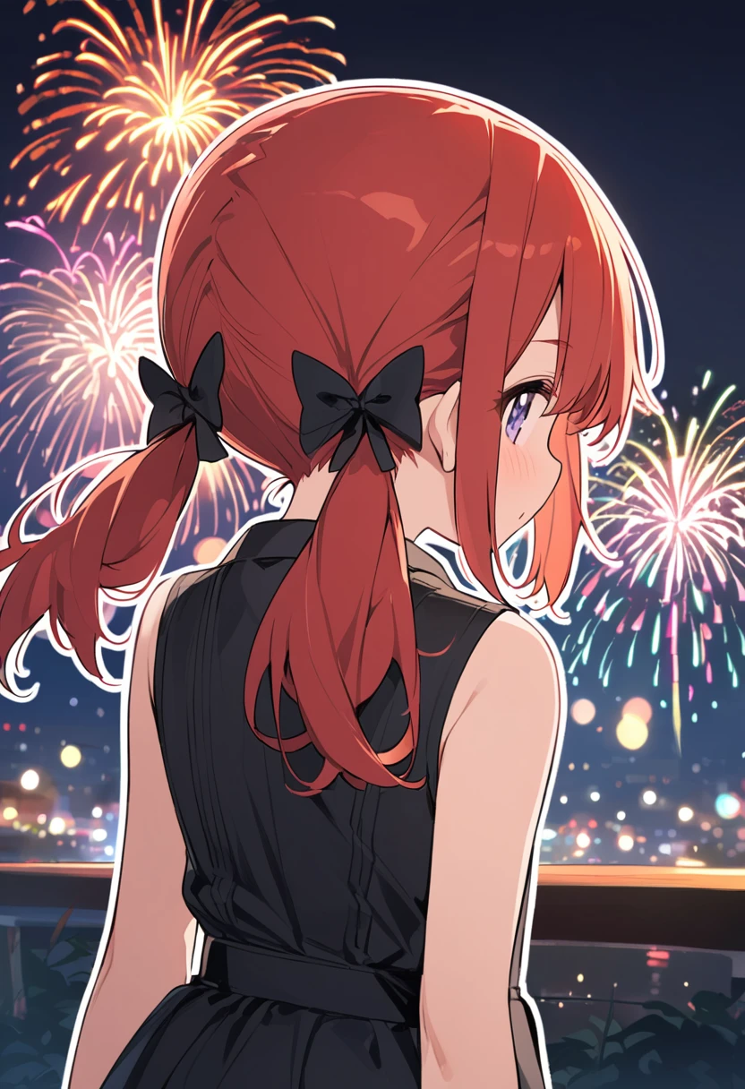 Top quality, masterpiece, female, tied red hair, golden eyes, looking up at the sky, impressed expression, leotard style swimsuit with fireworks pattern, gorgeous meteor fireworks in the night sky