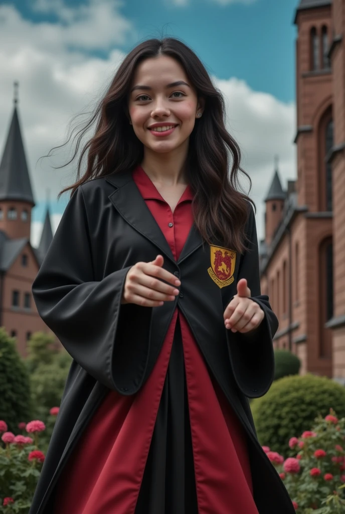 masterpiece photo of a dark-haired full-length woman with green eyes dressed in Hogwarts mage uniform actively says something while gesticulating, a cheerful facial expression, blush, interesting dynamic pose, against the background of college of magic, a rich blue-purple sky with clouds, a lot of vegetation, bright colors, intricate bizarre color combinations, colorful