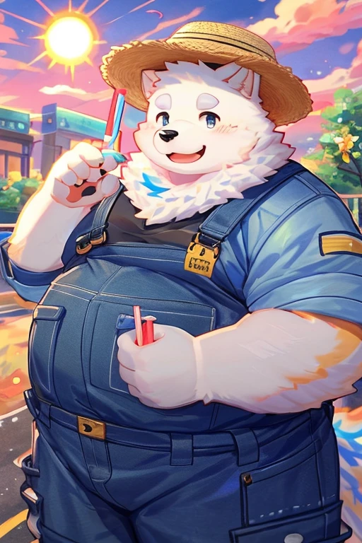 A cute fat bear,Holding a watch in hand,Look at the table,Sitting on the bus ,Passengers around。