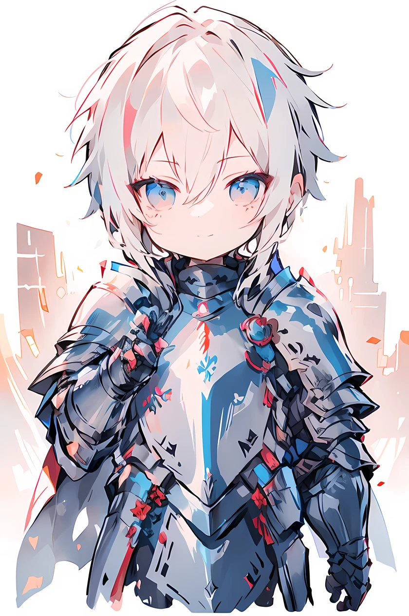 ((masterpiece)), accurate, textured skin, ((super detail)), high quality, high details, highres, best quality, chibi, knight, male, white hair, light smile, Smug face, steel armor, 2 heads, deformed character