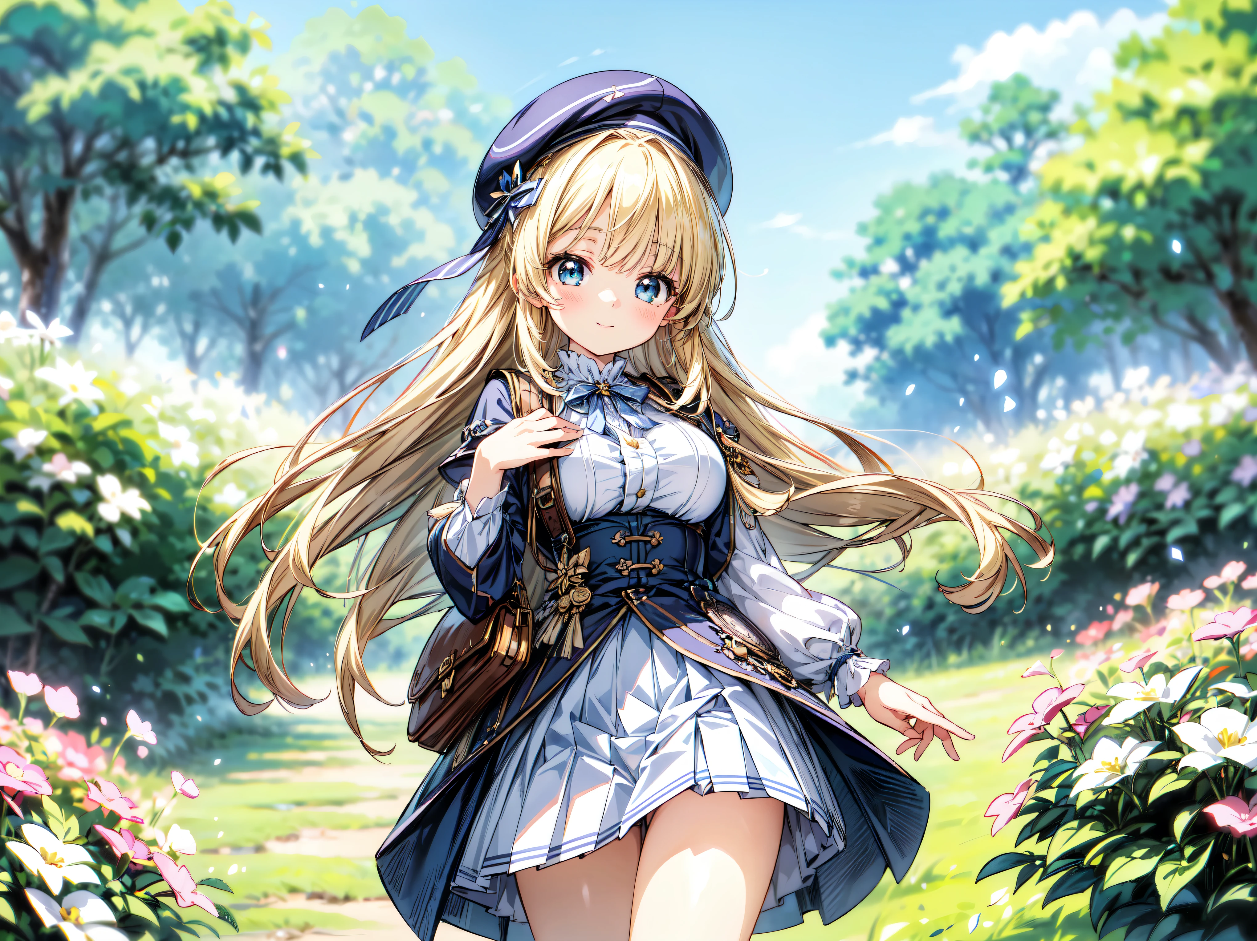 ((Ultra HD)), ((Super detailed)), ((Best Quality)), Blonde, ((Asymmetrical bangs)), KAWAII, happy smile, Big Breasts, Beret, Pleated mini skirt with lace, White Wizard, on grassland, (((Complete Hand))), ((depth of field, blurred background)), (anime moe art style:1.3),