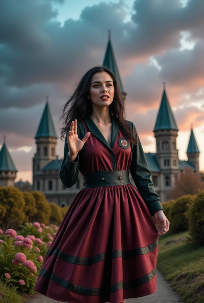 masterpiece photo of a dark-haired full-length woman with red eyes dressed in Hogwarts mage uniform actively says something while gesticulating, a cheerful facial expression, blush, interesting dynamic pose, against the background of college of magic, a rich blue-purple sky with clouds, a lot of vegetation, bright colors, intricate bizarre color combinations, colorful