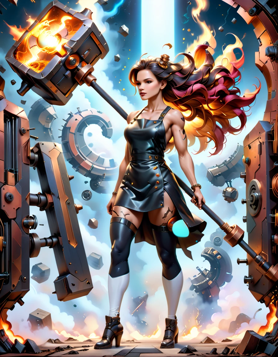 (sfw), (wide angle), 1woman, goddess of the forge, Hephaestus, ((blacksmith woman)), middle-aged woman in her 40s, slim toned physique, medium length wavy crimson hair that ombres to black, (red to black ombre hair), burn scars on chest and arms, (wearing leather apron, apron with glowing symbols), (tight black button up shirt) , (wearing skin tight white leggings), ((swings a huge smithy hammer in one hand, over her head)), smith's hammer is glowing green, she stands at an angelic anvil, (set inside a massive robotic factory:1.37), intricately detailed facial features, detailed piercing eyes, refined jawline, masterpiece, 8k, ((hyper realistic)), 3/4 profile view, cinematic lighting, dramatic shadows, warm color tones, intricate details, action poster art style, glowneon, battle hammer, hyperkraximalism