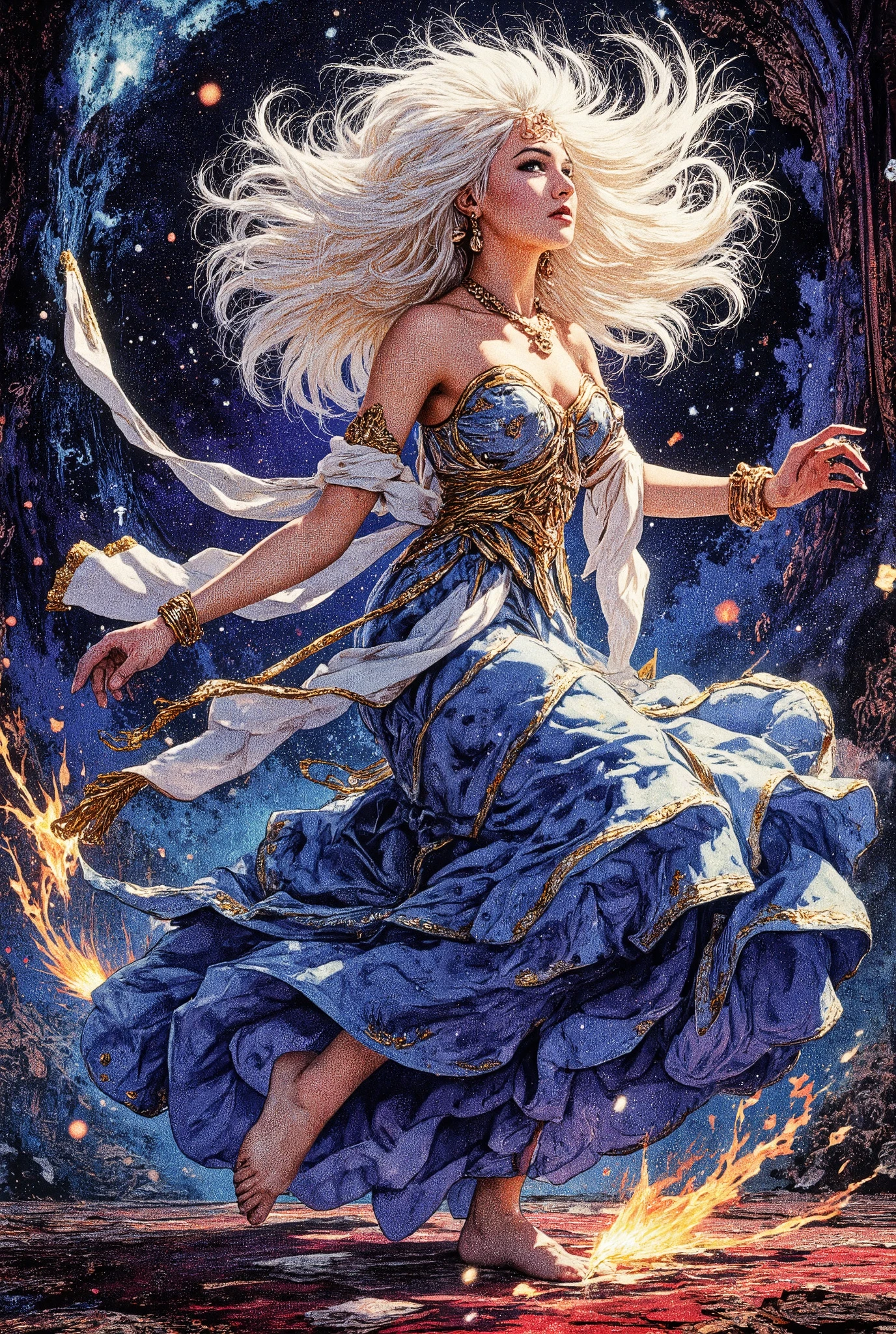 Masterpiece, best quality, realistic, (1 girl: 1.3), blue gold white clothes, shawl long hair, jump, leap, dance, green gold white clothes, long skirt, long scarf, flowing, light armor, snow white skin, bare shoulders, full body, (from below:1.5), martial arts, dynamics, flames, particles, Pop Art, Retro/Vintage, Ambient Lighting, Blacklight, Canon 5D Mark IV DSLR Cerulean Color, Onyx Color, Periwinkle Color, Prism Effect, Diamond Dust, Mystery, Twilight Tapestry Backdrop, Photo-realistic, By Greg Rutkowski