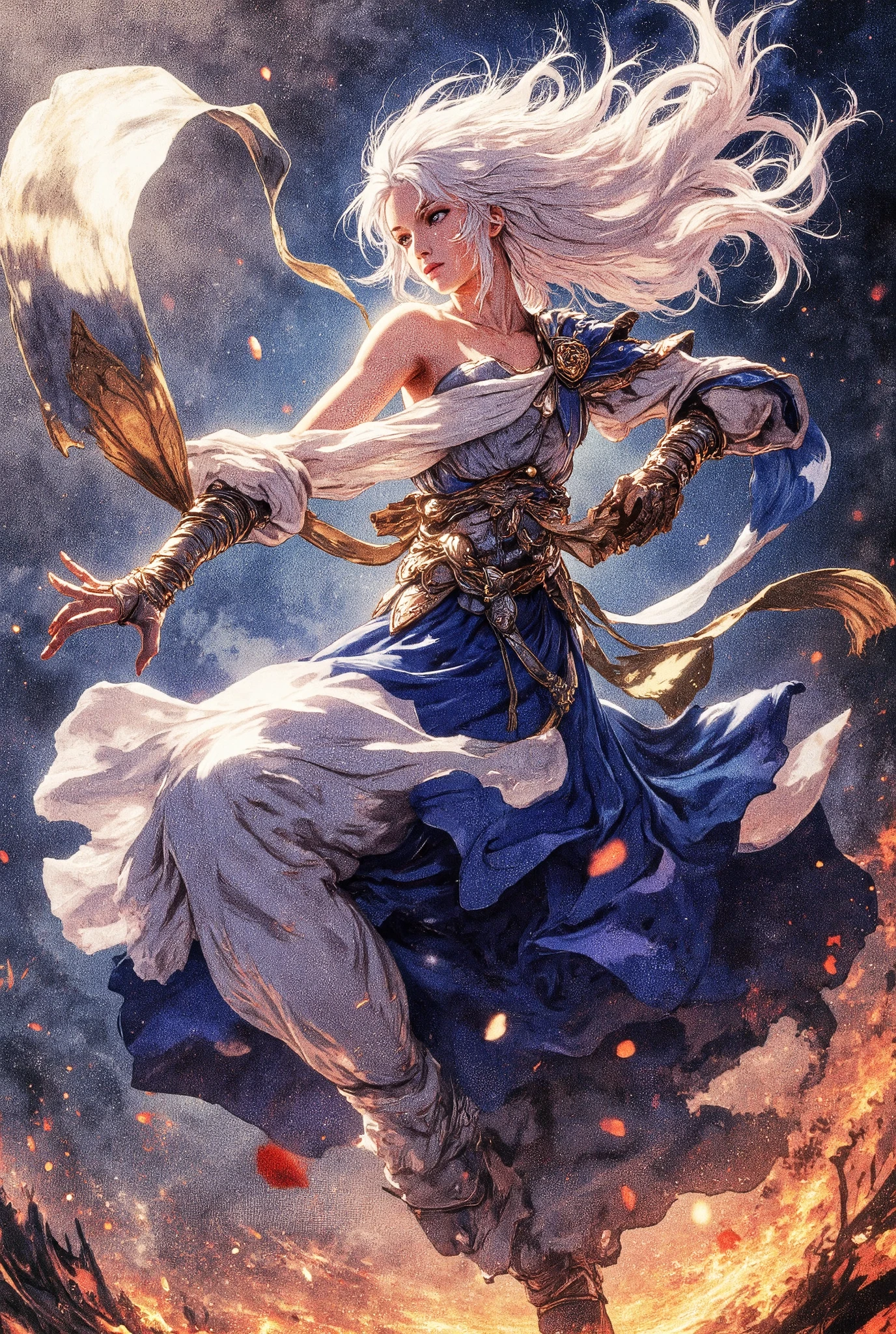 Masterpiece, best quality, realistic, (1 girl: 1.3), blue gold white clothes, shawl long hair, jump, leap, dance, green gold white clothes, long skirt, long scarf, flowing, light armor, snow white skin, bare shoulders, full body, (from below:1.5), martial arts, dynamics, flames, particles