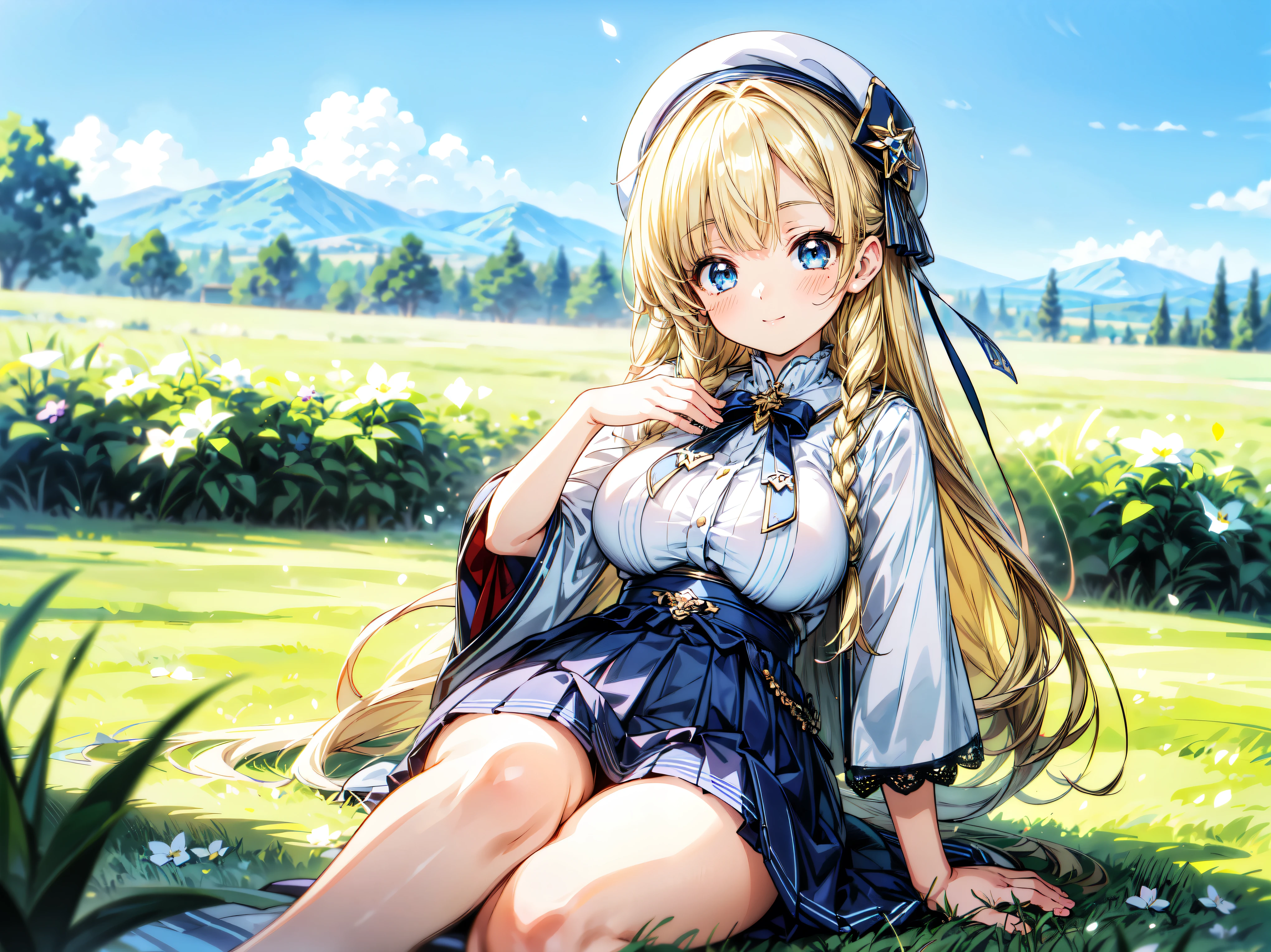 ((Ultra HD)), ((Super detailed)), ((Best Quality)), Blonde, ((Asymmetrical bangs)), KAWAII, happy smile, Big Breasts, Beret, Pleated mini skirt with lace, White Wizard, on grassland, (((Complete Hand))), ((depth of field, blurred background)), (anime moe art style:1.3),