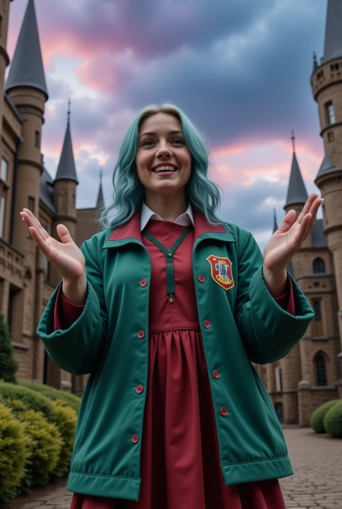 masterpiece photo of a blue-haired full-length woman with green eyes dressed in Hogwarts mage uniform actively says something while gesticulating, a cheerful facial expression, blush, interesting dynamic pose, against the background of college of magic, a rich blue-purple sky with clouds, a lot of vegetation, bright colors, intricate bizarre color combinations, colorful