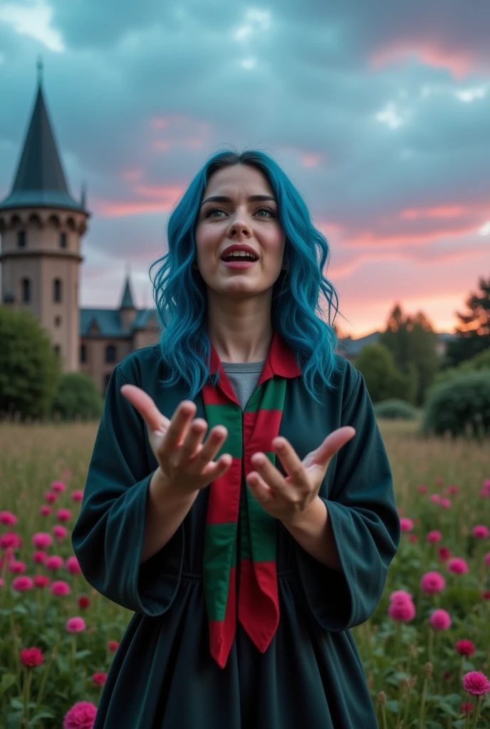 masterpiece photo of a blue-haired full-length woman with green eyes dressed in Hogwarts mage uniform actively says something while gesticulating, a cheerful facial expression, blush, interesting dynamic pose, against the background of college of magic, a rich blue-purple sky with clouds, a lot of vegetation, bright colors, intricate bizarre color combinations, colorful