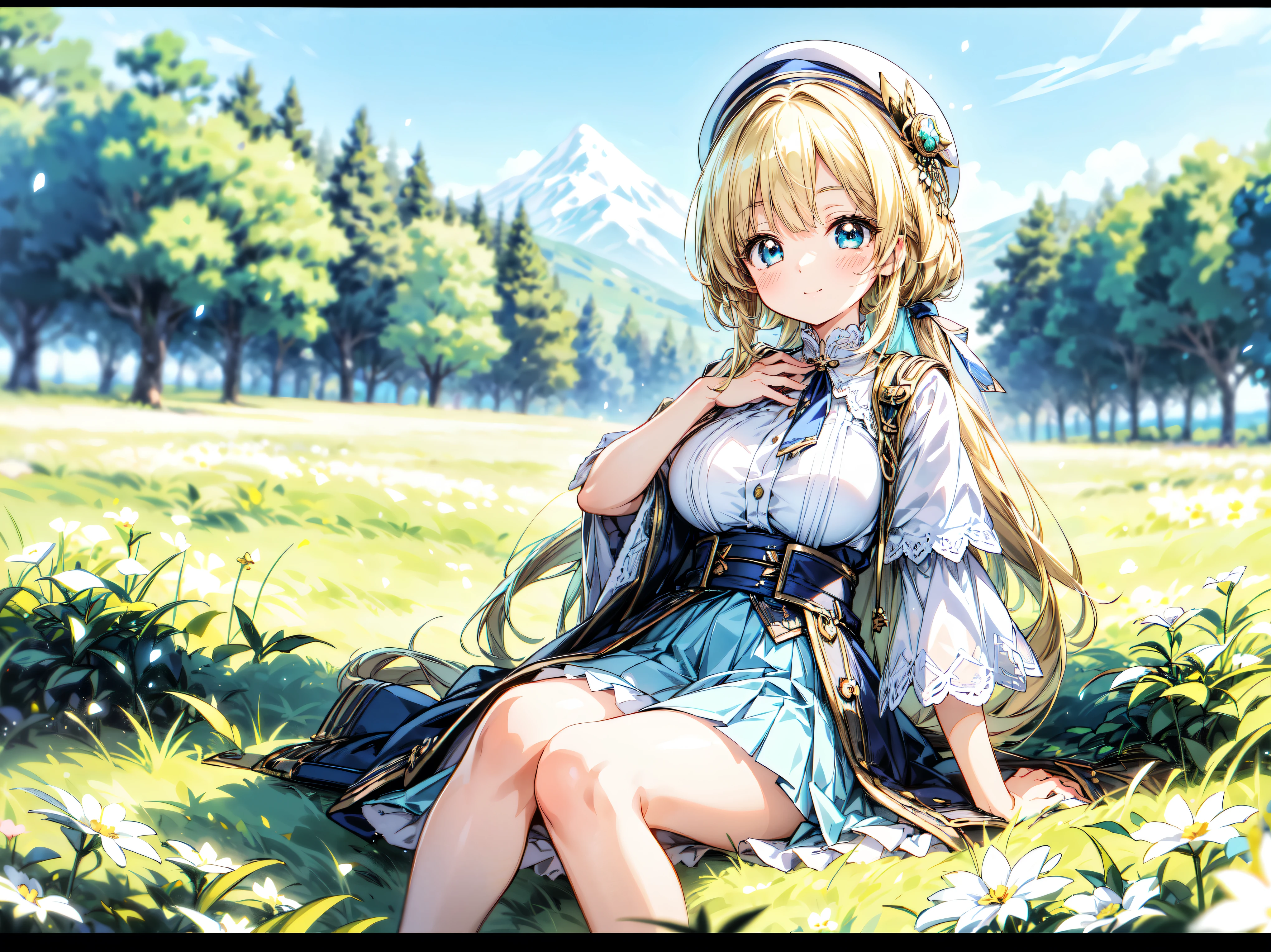 ((Ultra HD)), ((Super detailed)), ((Best Quality)), Blonde, ((Asymmetrical bangs)), KAWAII, happy smile, Big Breasts, breasts focus, Beret, Pleated mini skirt with lace, White Wizard, on grassland, (((Complete Hand))), ((depth of field, blurred background)), (anime moe art style:1.3),