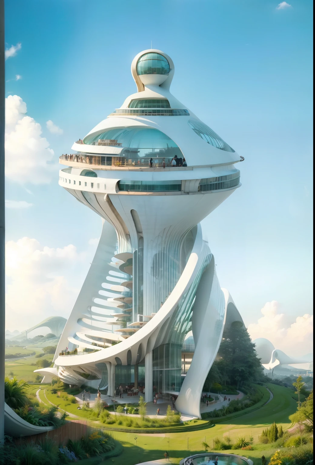 skyscraper by Zaha Hadid, Realistic, people on walkways, gardens and green areas on the ground, small pools, flawless , Realistic