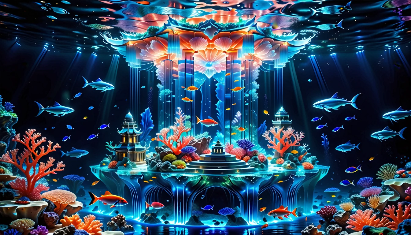 A Masterpiece In 32K Resolution, Supreme Quality, Super Detail, Official Art, Very High-Resolution 32K Wallpaper, Beautiful And Aesthetic, Ultra-Detailed Features, Awe-Inspiring Detail. Floating Islands Replaced With Underwater Cities. Luminous Coral Reefs Glow In A Tranquil, Dark-Blue Ocean. Schools Of Glowing Fish Swim Through The Depths, And Enormous Whales Drift Lazily In The Distance, Casting Massive Shadows Over The Sea Floor. A Glowing Temple Carved From Sea Crystal Towers Above, Bathed In Bioluminescent Light.