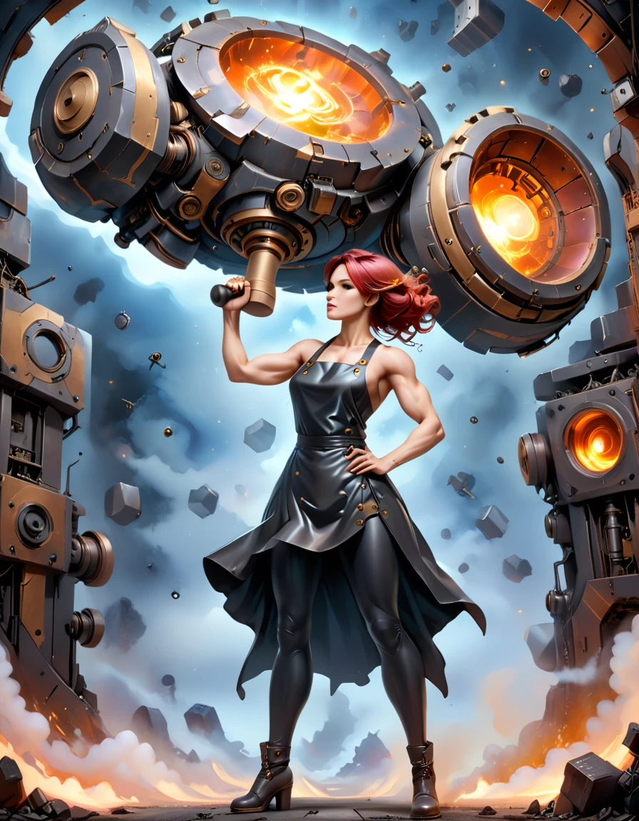 (sfw), (wide angle), 1woman, goddess of the forge, Hephaestus, ((blacksmith woman)), middle-aged woman in her 40s, slim toned physique, medium length wavy crimson hair that ombres to black, (red to black ombre hair), burn scars on chest and arms, (wearing leather apron, apron with glowing symbols), (tight black button up shirt) , (wearing skin tight white leggings), ((swings a huge smithy hammer in one hand, over her head)), smith's hammer is glowing green, she stands at an angelic anvil, (set inside a massive robotic factory:1.37), intricately detailed facial features, detailed piercing eyes, refined jawline, masterpiece, 8k, ((hyper realistic)), 3/4 profile view, cinematic lighting, dramatic shadows, warm color tones, intricate details, action poster art style, glowneon, battle hammer, hyperkraximalism