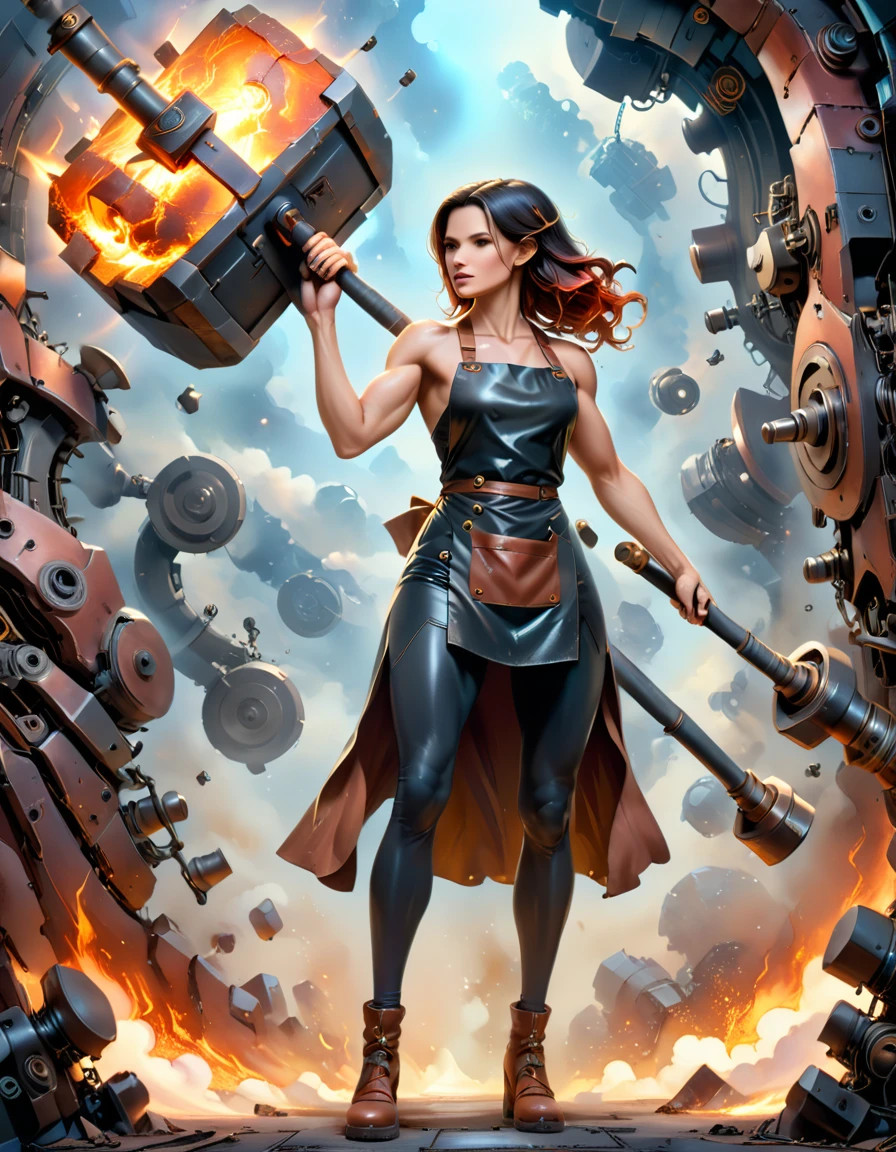 (sfw), (wide angle), 1woman, goddess of the forge, Hephaestus, ((blacksmith woman)), middle-aged woman in her 40s, slim toned physique, medium length wavy crimson hair that ombres to black, (red to black ombre hair), burn scars on chest and arms, (wearing leather apron, apron with glowing symbols), (tight black button up shirt) , (wearing skin tight white leggings), ((swings a huge smithy hammer in one hand, over her head)), smith's hammer is glowing green, she stands at an angelic anvil, (set inside a massive robotic factory:1.37), intricately detailed facial features, detailed piercing eyes, refined jawline, masterpiece, 8k, ((hyper realistic)), 3/4 profile view, cinematic lighting, dramatic shadows, warm color tones, intricate details, action poster art style, glowneon, battle hammer, hyperkraximalism