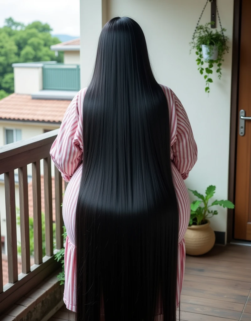 ８k,Highest quality, masterpiece, Ultra-high resolution,(masterpiece:1.6, Highest quality), Intricate details, full body, ((from behind:1.5)), ((Looking forward:1.5)),top of head, japanese milf, 50 year old,((Absurdly Long hair:1.5)), (( jet Black hair:1.3)), ((A huge amount of black hair that is so long it covers her entire back:1.5)), ((A huge amount of abnormally long black hair reaching the ground:1.5)) , ((Extremely obese:1.5)),((saggy body:1.5)), ((pale skin,shiny skin:1.1)),((A mature woman with incredibly long, lustrous black hair is hanging out the laundry on the balcony:1.5))