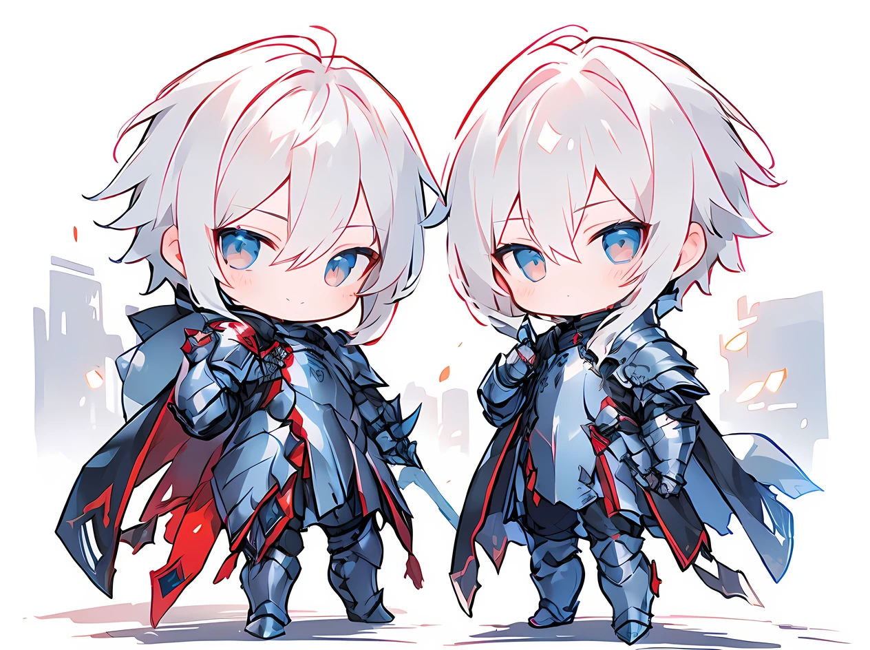 ((masterpiece)), accurate, textured skin, ((super detail)), high quality, high details, highres, best quality, chibi, knight, male, white hair, light smile, Smug face:1.2, steel armor, 2 heads, deformed character, from side