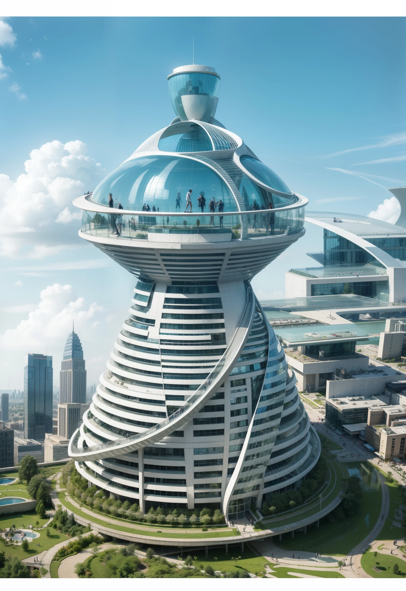 skyscraper by Zaha Hadid, Realistic, people on walkways, gardens and green areas on the ground, small pools, flawless , Realistic