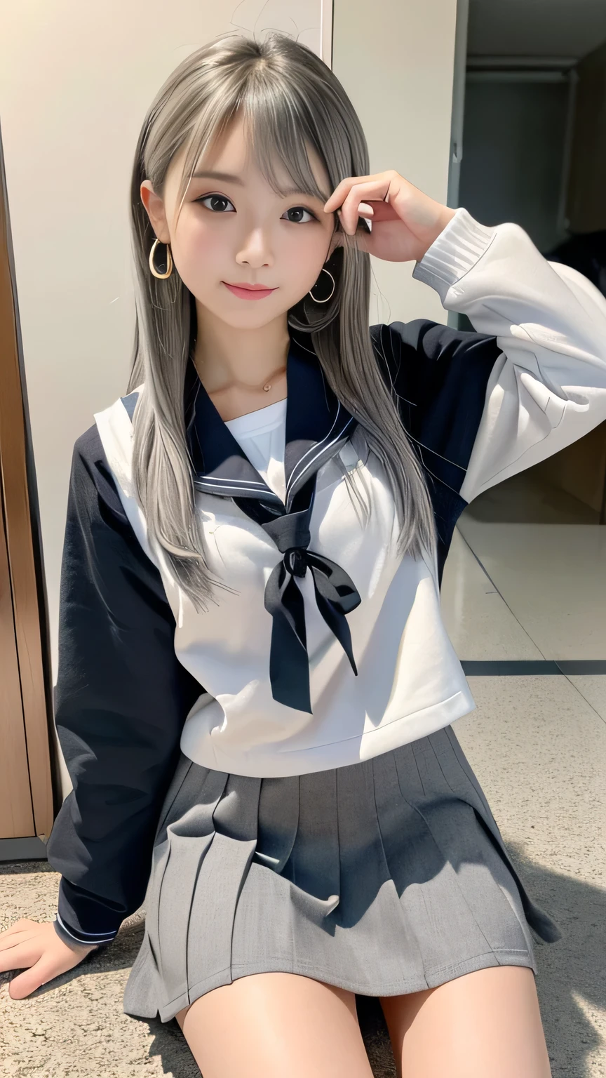 (8K, Raw photography, top-quality, masterpiece:1.2), One Woman、Japan at the age of 18,(Realistic Skins 1.4) 、(((hi-school girl、Wearing a school uniform、Wearing a sailor suit、wears glasses、)))((Smaller chest、small tits、))、(Black stockings、high-heels、)(Armbarcode)50mm Lens、30mm film、(Long Bob、bobhair、)(A dark-haired、The forehead is hidden by bangs、)、Black eyes、shinny skin、Skin shiny with sweat、Beautiful delicate face、Beautiful delicate eyes、bbw、Voluptuous body shape、Thicker thighs、One piercing in each ear、simple background、Gray background、