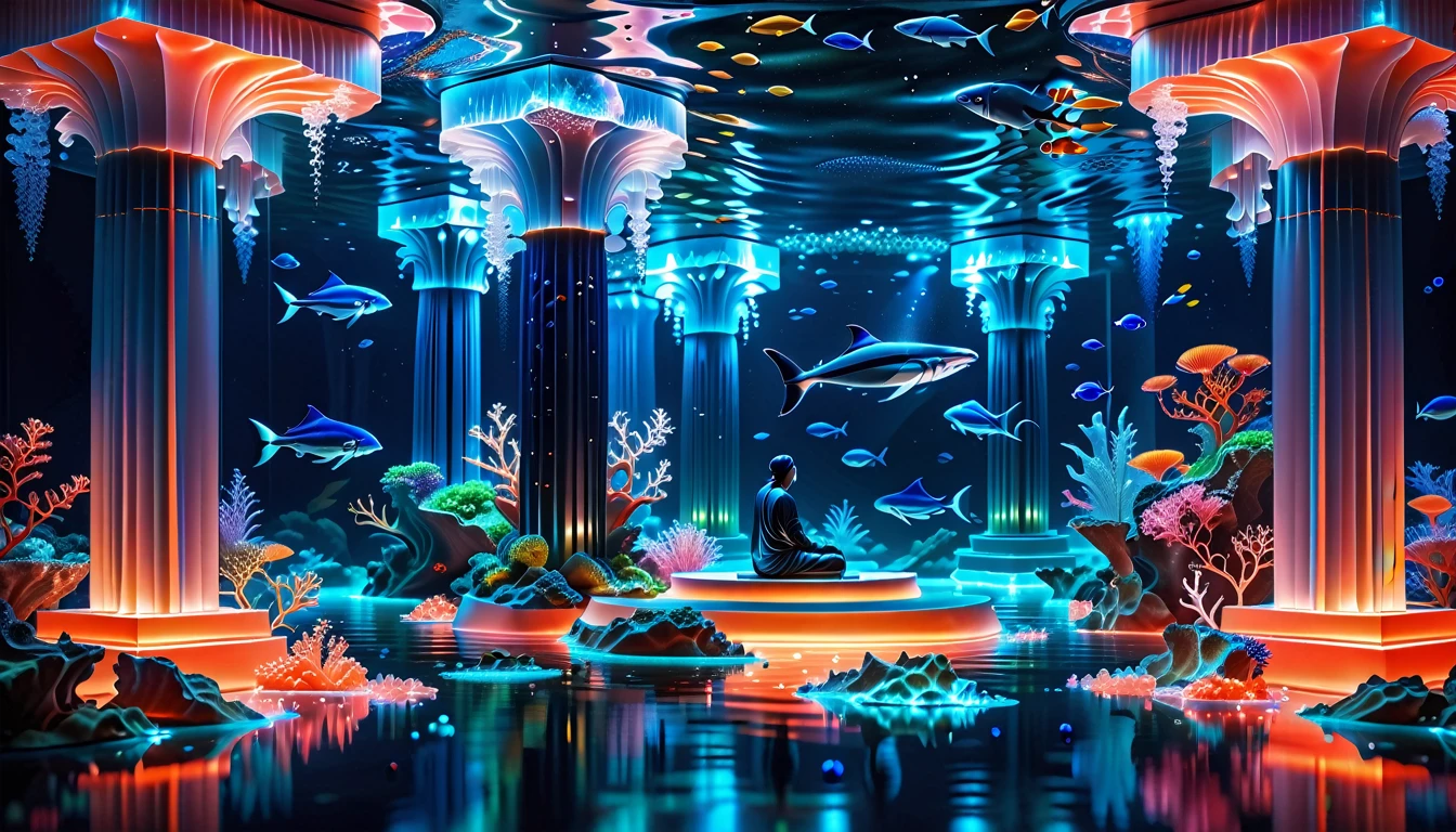 A Masterpiece In 32K Resolution, Supreme Quality, Super Detail, Official Art, Very High-Resolution 32K Wallpaper, Beautiful And Aesthetic, Ultra-Detailed Features, Awe-Inspiring Detail. Floating Islands Replaced With Underwater Cities. Luminous Coral Reefs Glow In A Tranquil, Dark-Blue Ocean. Schools Of Glowing Fish Swim Through The Depths, And Enormous Whales Drift Lazily In The Distance, Casting Massive Shadows Over The Sea Floor. A Glowing Temple Carved From Sea Crystal Towers Above, Bathed In Bioluminescent Light.