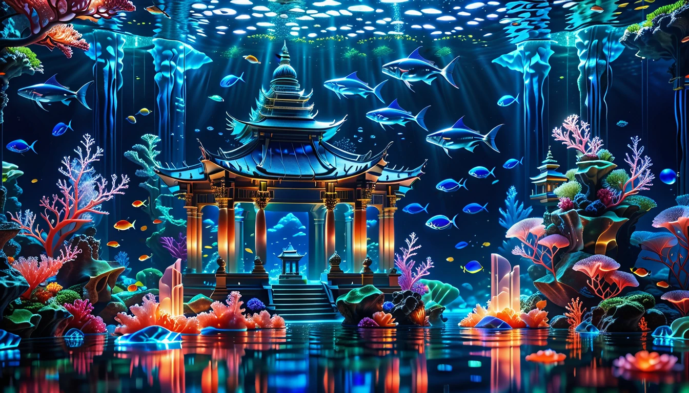 A Masterpiece In 32K Resolution, Supreme Quality, Super Detail, Official Art, Very High-Resolution 32K Wallpaper, Beautiful And Aesthetic, Ultra-Detailed Features, Awe-Inspiring Detail. Floating Islands Replaced With Underwater Cities. Luminous Coral Reefs Glow In A Tranquil, Dark-Blue Ocean. Schools Of Glowing Fish Swim Through The Depths, And Enormous Whales Drift Lazily In The Distance, Casting Massive Shadows Over The Sea Floor. A Glowing Temple Carved From Sea Crystal Towers Above, Bathed In Bioluminescent Light.