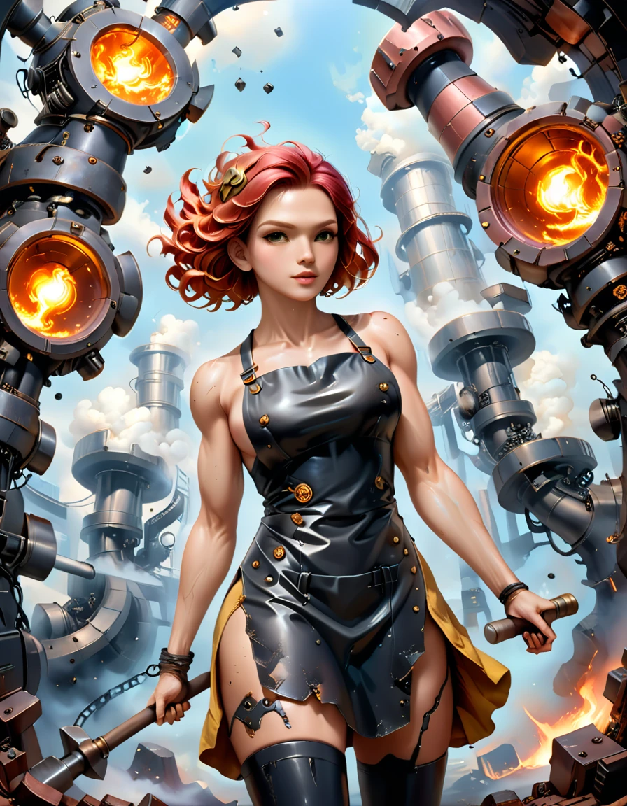 (sfw), (wide angle), 1woman, goddess of the forge, Hephaestus, ((blacksmith woman)), middle-aged woman in her 40s, slim toned physique, medium length wavy crimson hair that ombres to black, (red to black ombre hair), burn scars on chest and arms, (wearing leather apron, apron with glowing symbols), (tight black button up shirt) , (wearing skin tight white leggings), ((swings a huge smithy hammer in one hand, over her head)), smith's hammer is glowing green, she stands at an angelic anvil, (set inside a massive robotic factory:1.37), intricately detailed facial features, detailed piercing eyes, refined jawline, masterpiece, 8k, ((hyper realistic)), 3/4 profile view, cinematic lighting, dramatic shadows, warm color tones, intricate details, action poster art style, glowneon, battle hammer, hyperkraximalism, perfection style 