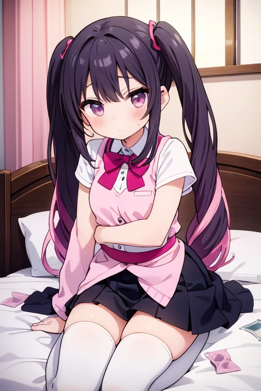 (masterpiece、Highest quality、Very detailed))、One Girl、Black Hair、((Medium Hair))、Twin tails、Blunt bangs、Pink Eyes、((Lots of earrings))、Wicked Smile、Medium chest、((Pink ruffled blouse))、Black bow tie、((Black pleated skirt))、White socks、loafers、squat、Shoot from the side、((night))、Downtown Background