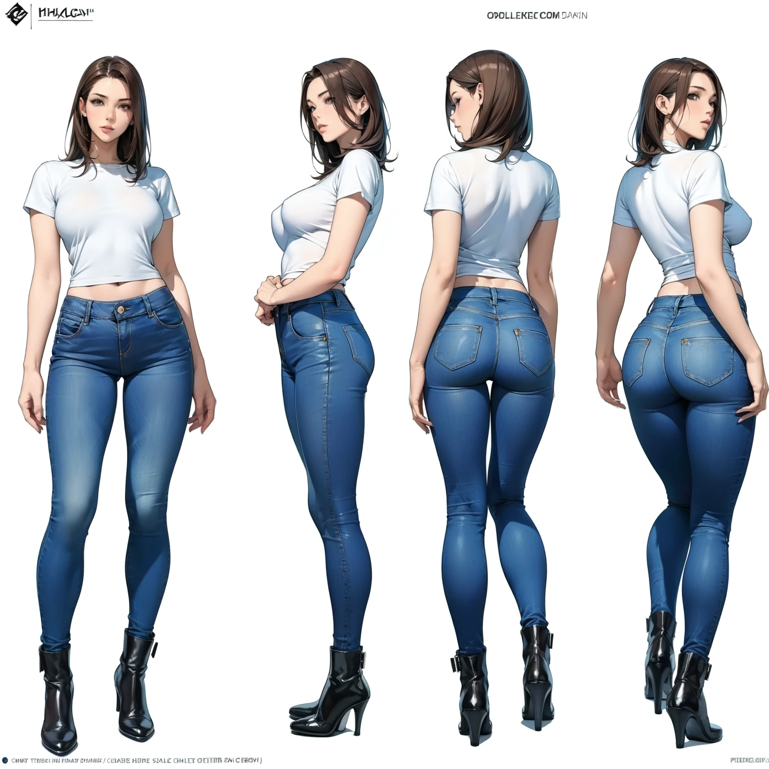 Detailed character sheet, Front View, Side view, oblique view, with a white returnground, Showing off the women, 30 years old, with short dark brown hair combed return, Casual clothing, Wear tight denim jeans, Slim figure, Toned thighs, Tight round ass. The seat includes different angles, Front desk etc..., return, and Side views, Models and Reference Sheets, Full body painting. The ratio is、7.5 Head Scale.