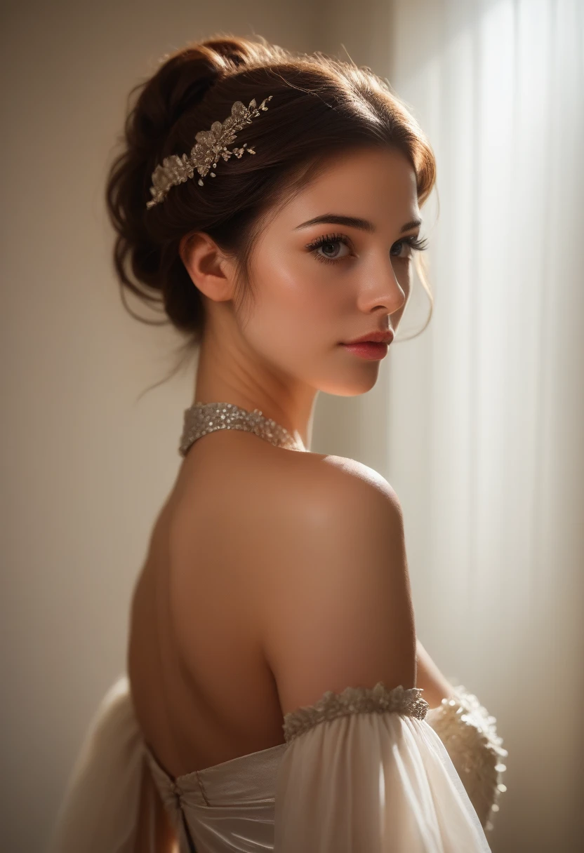 a beautiful young woman, 1girl, extremely detailed face, beautiful detailed eyes, beautiful detailed lips, long eyelashes, elegant dress, photorealistic, hyper detailed, 8k, masterpiece, intricate details, cinematic lighting, dramatic lighting, vibrant colors, warm tones, romantic, elegant, realistic