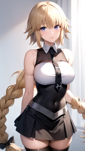 (((masterpiece,best quality,absurdres,8K,perfect body)))((jeanne darc, blonde hair, blue eyes, long hair,bare shoulders, black necktie, black thighhighs, braid, long braid, miniskirt, navel, necktie, shirt, single braid, sleeveless, sleeveless shirt, thighhighs, white shirt,1girl:1.6)),((huge breasts)),((standing)),(())