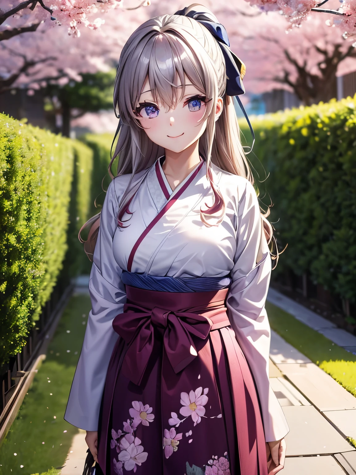 Highest quality、1 girl、Tomori、garden、cherry blossoms、Ukiyo-e prints with complex structures、Beautiful clear purple eyes、smile、blush、Cowboy Shot、4Ｋ，8Ｋ,(Genuine、Genuine志向、写真Genuine志向:1.5）、High resolution、超High resolution、Ultra-high definition paintings