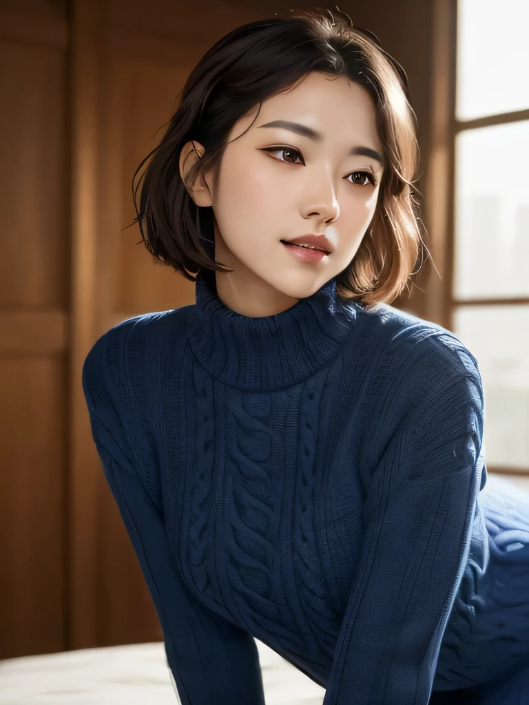 Japan woman in turtleneck sweater、
(((​masterpiece))), ((top-quality)), ((intricate detailes)), (((hyper realisitic)), Absurd resolution, Near and far law, ighly detailed, Realistic, 1girl in, ((Colossal )), perfect hand, Detailed finger, beatiful detailed eyes, shorth hair, Brown-eyed,(turtle neck:1.2), tight skirts, Detailed background, a choker, perfect  eyes, mesmerizing eyes, Look at viewers, from the front side、A smile、Mole on the mouth、Blue knitted dress、(((all-fours))),((amazing sapraizz)), ((dynamic production)), ()cinematic lighting)), ((extremely fine and beautiful colors)), ((extremely beautiful and fain design)), 