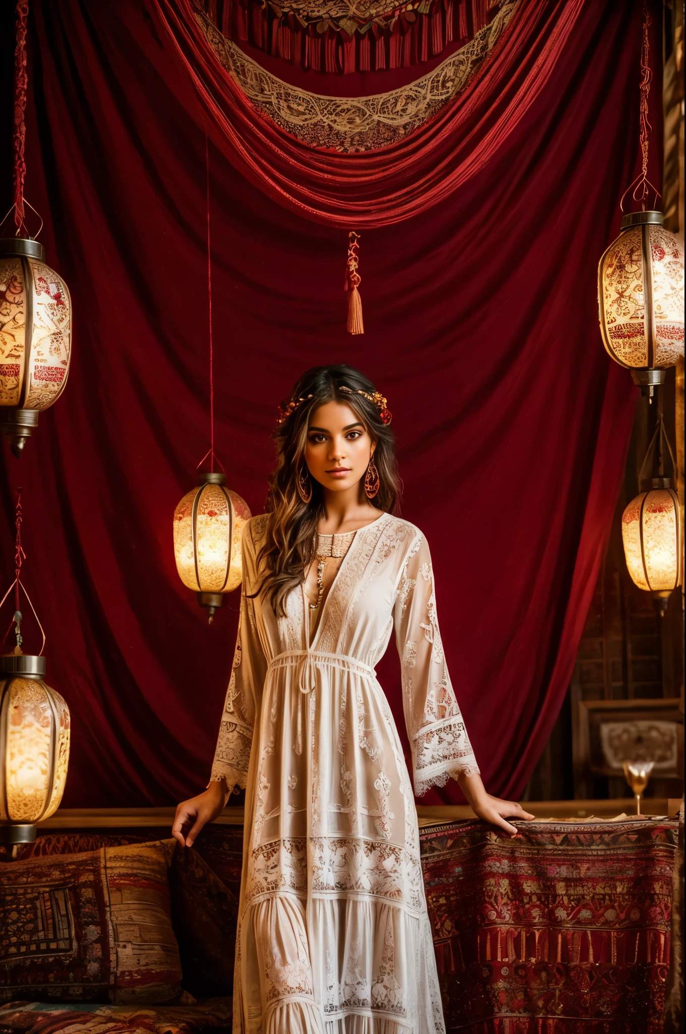 A bohemian-inspired fashion scene featuring a woman wearing a white lace tunic with intricate patterns. with her long brown shininy hair,She stands against a backdrop of rich, deep red and gold tapestry, with an array of colorful and exotic jewelry adorning her neck and wrists. The scene is illuminated by the soft light of hanging lanterns, creating a warm and inviting atmosphere.