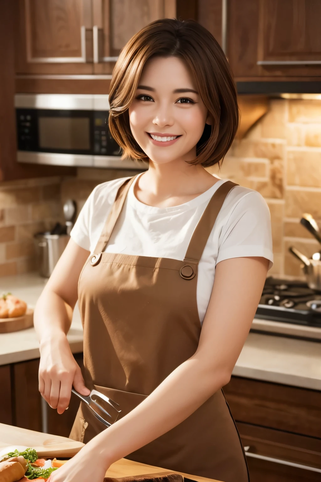 ((short stature))、((full bodyesbian))、(((1人)))、(top-quality、8k、masterpiece)、Short Beauty、(((Short-cut hairstyles )))、Women in Japan、Sheer shirt、Wearing an apron、in a kitchen、extremely detailed face and skin、A detailed eye、二重まぶた、a smile