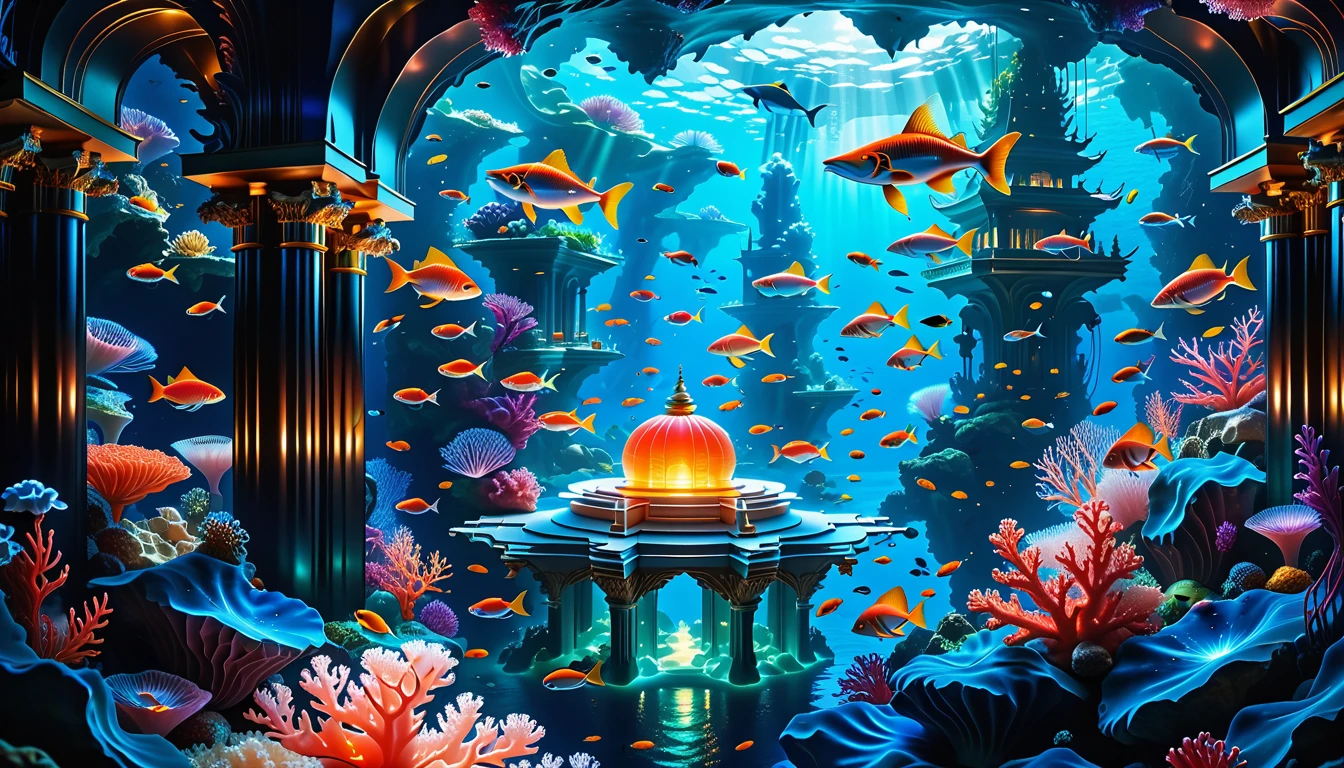 A Masterpiece In 32K Resolution, Supreme Quality, Super Detail, Official Art, Very High-Resolution 32K Wallpaper, Beautiful And Aesthetic, Ultra-Detailed Features, Awe-Inspiring Detail. Floating Islands Replaced With Underwater Cities. Luminous Coral Reefs Glow In A Tranquil, Dark-Blue Ocean. Schools Of Glowing Fish Swim Through The Depths, And Enormous Whales Drift Lazily In The Distance, Casting Massive Shadows Over The Sea Floor. A Glowing Temple Carved From Sea Crystal Towers Above, Bathed In Bioluminescent Light.