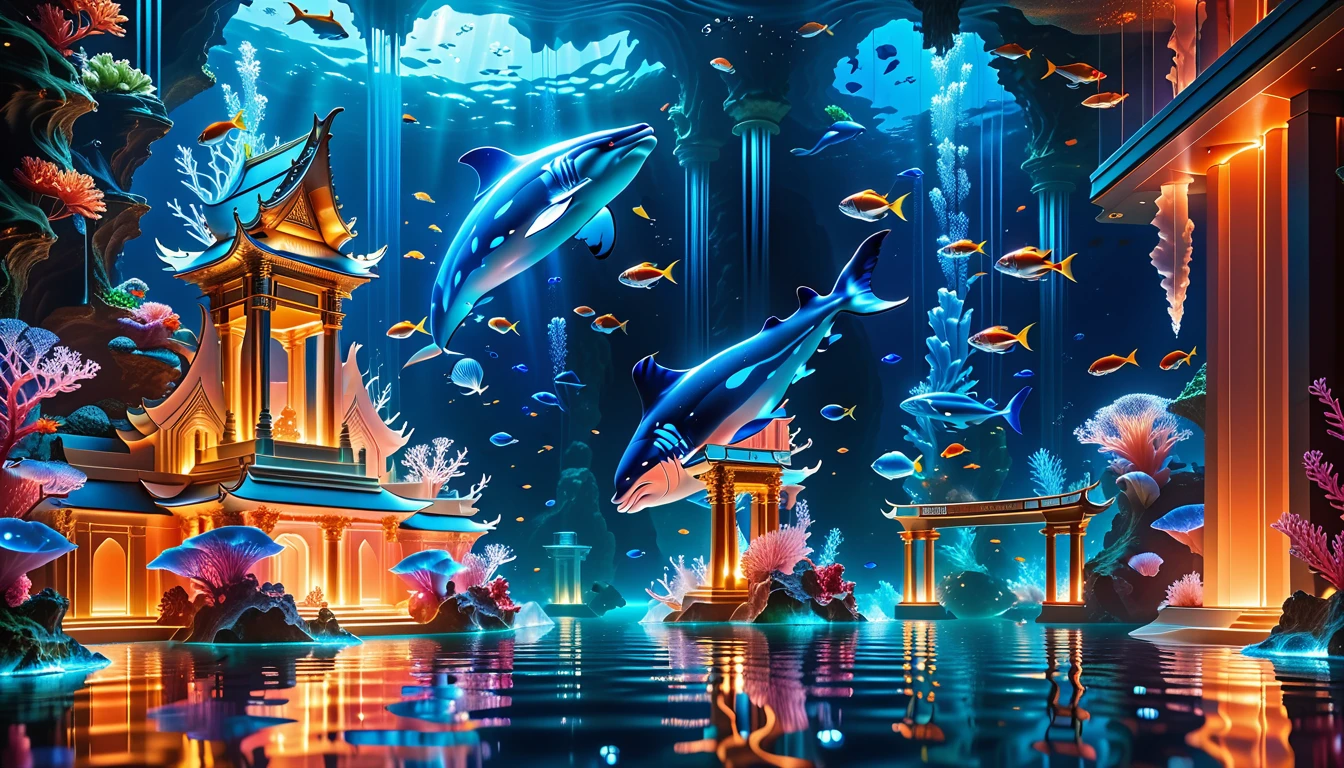 A Masterpiece In 32K Resolution, Supreme Quality, Super Detail, Official Art, Very High-Resolution 32K Wallpaper, Beautiful And Aesthetic, Ultra-Detailed Features, Awe-Inspiring Detail. Floating Islands Replaced With Underwater Cities. Luminous Coral Reefs Glow In A Tranquil, Dark-Blue Ocean. Schools Of Glowing Fish Swim Through The Depths, And Enormous Whales Drift Lazily In The Distance, Casting Massive Shadows Over The Sea Floor. A Glowing Temple Carved From Sea Crystal Towers Above, Bathed In Bioluminescent Light.