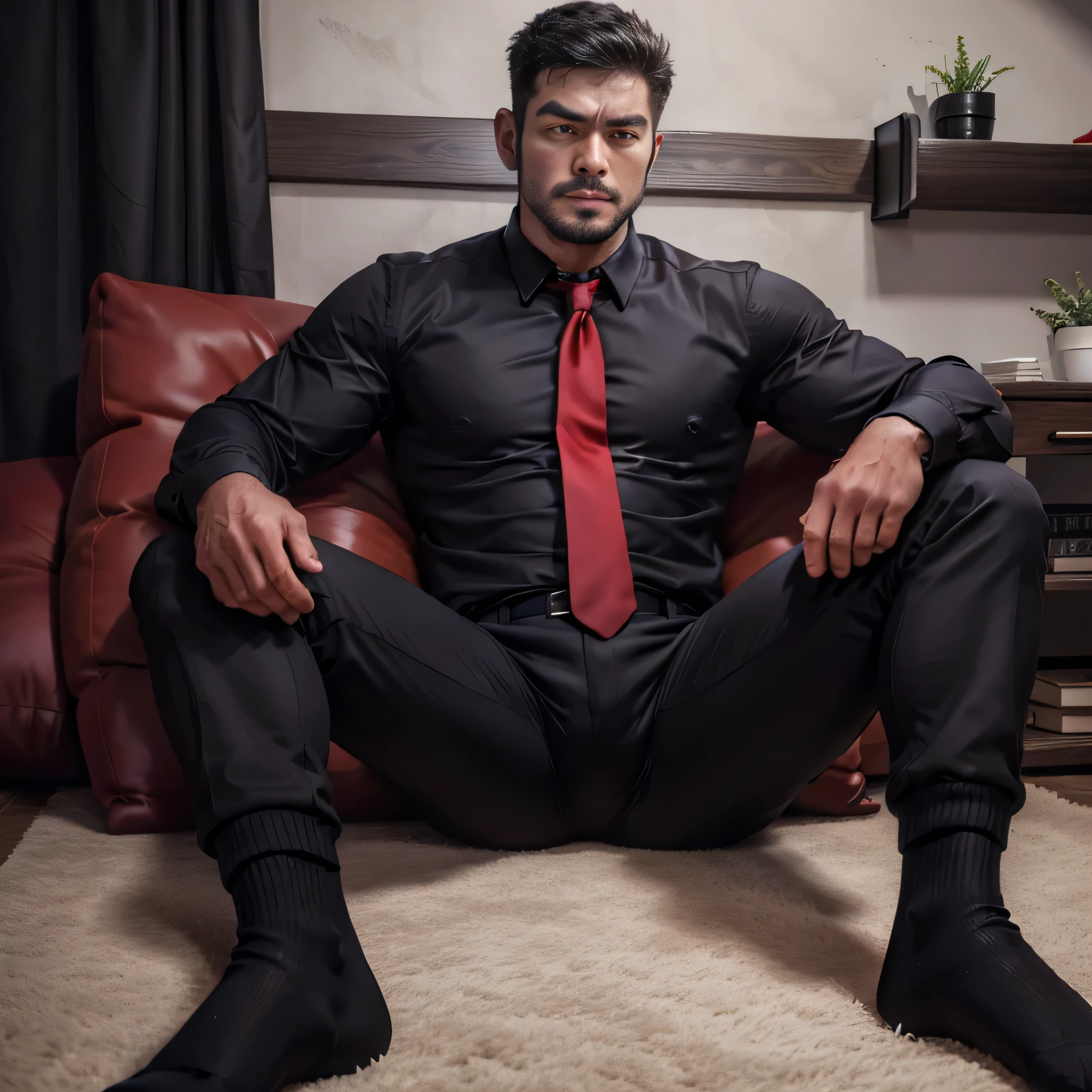 30 year old father,One Man、Black Shirt、Red tie、black slim pants、indoor、futon、,Muscular、Short Hair、Asian Face　Stubble　　Bad guy face　front　Black socks