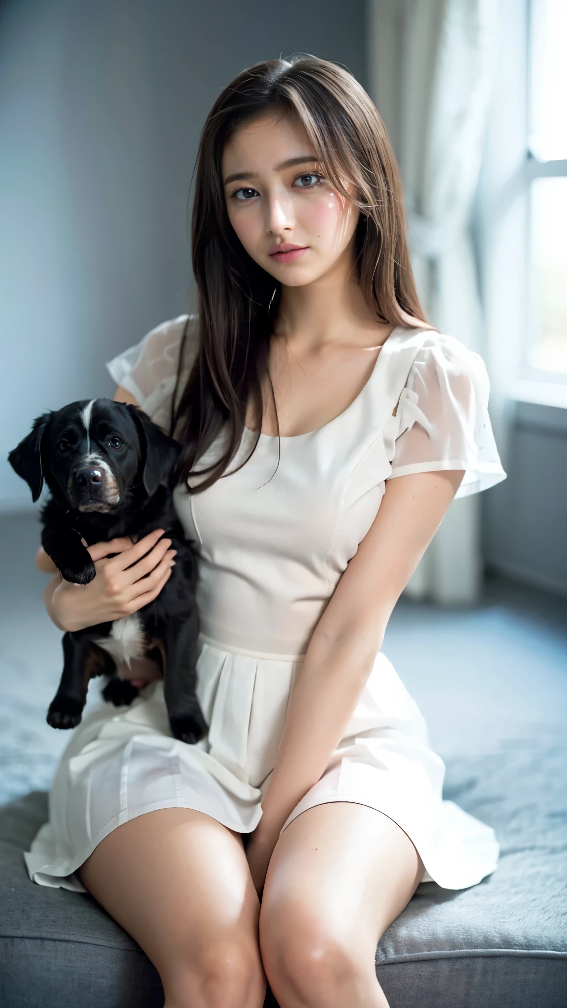 Highest quality,masterpiece,Ultra-high resolution,(Actual:1.4),Original photo,Ultra-high resolution,8K,There are also women,She is sitting on the floor. She is holding a puppy. Fair skin、She is wearing a short-sleeved white blouse and a long white skirt.,
Long legs:1.5,Bright and beautiful,high waist,,Gray background,