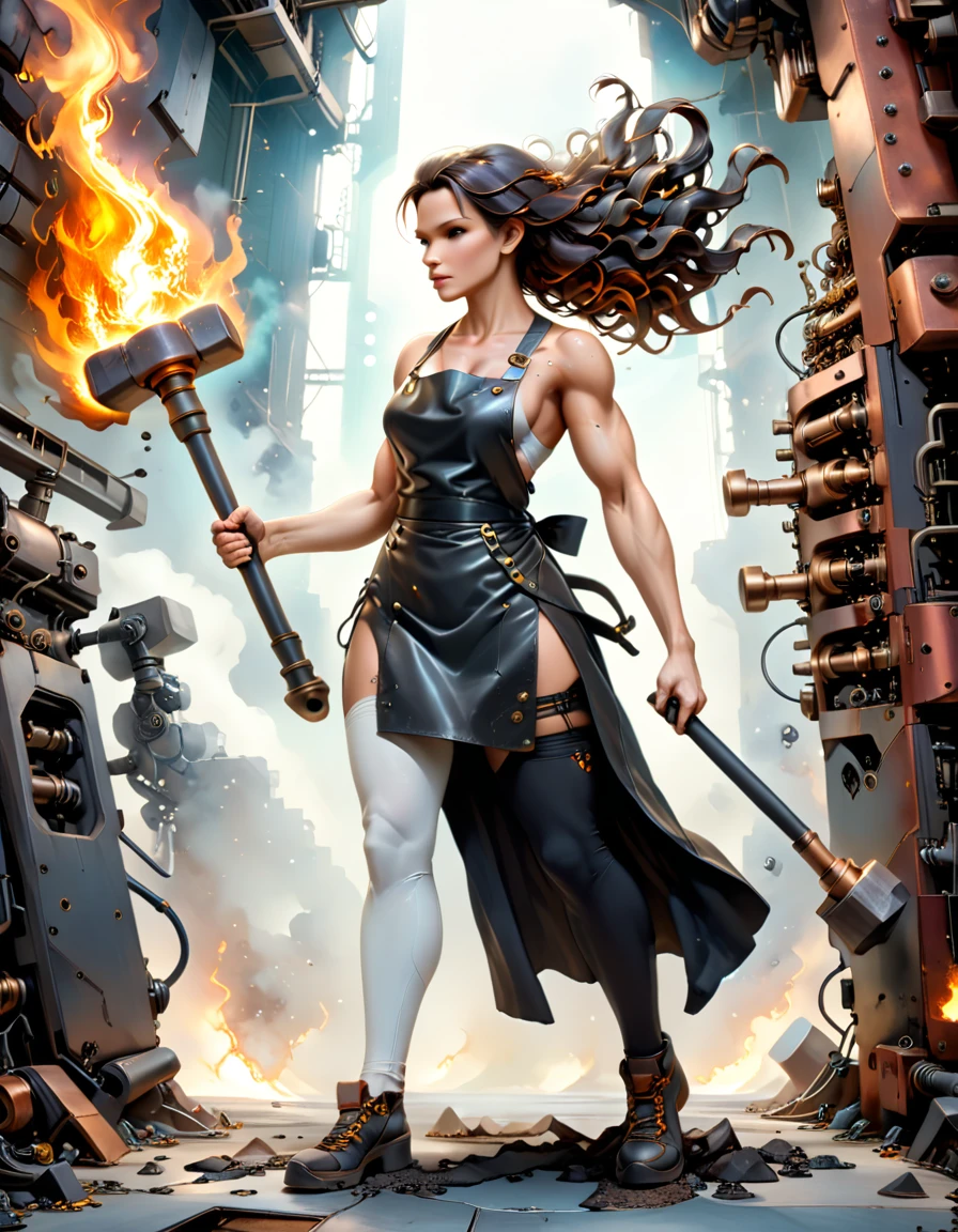 (sfw), (wide angle), 1woman, goddess of the forge, Hephaestus, ((blacksmith woman)), middle-aged woman in her 40s, slim toned physique, ((medium length wavy with crimson roots fading to black tips)), burn scars on chest and arms, (wearing leather apron, apron with glowing symbols), (tight black button up shirt) , (wearing skin tight white leggings), ((swings a huge smithy hammer in one hand, over her head)), smith's hammer is glowing green, she stands at an angelic anvil, (set inside a massive robotic factory:1.37), intricately detailed facial features, detailed piercing eyes, refined jawline, masterpiece, 8k, ((hyper realistic)), 3/4 profile view, cinematic lighting, dramatic shadows, warm color tones, intricate details, hyper-detailed, battle hammer, hyperkraximalism, perfection style 