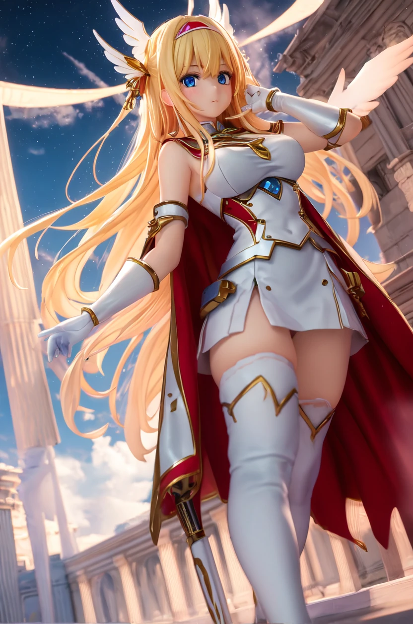 Highest quality, masterpiece, Ultra-high resolution, (Reality: 1.4), Original photo, 3d models & 3d anime, battlefield background, white skirt, blonde hair, female knight armor, white armor, White knight armor, long hair, bangs, white cloak, standing position, white underwear, white panties, skirt turned up, panty shots, blushing, glaring, medium length skirt, pounce pose, Blonde, ponytail, White knight armor, White Skirt, White Cape, White underwear, White panties, Skirt flipped up, Panty shot, blush, Glaring
