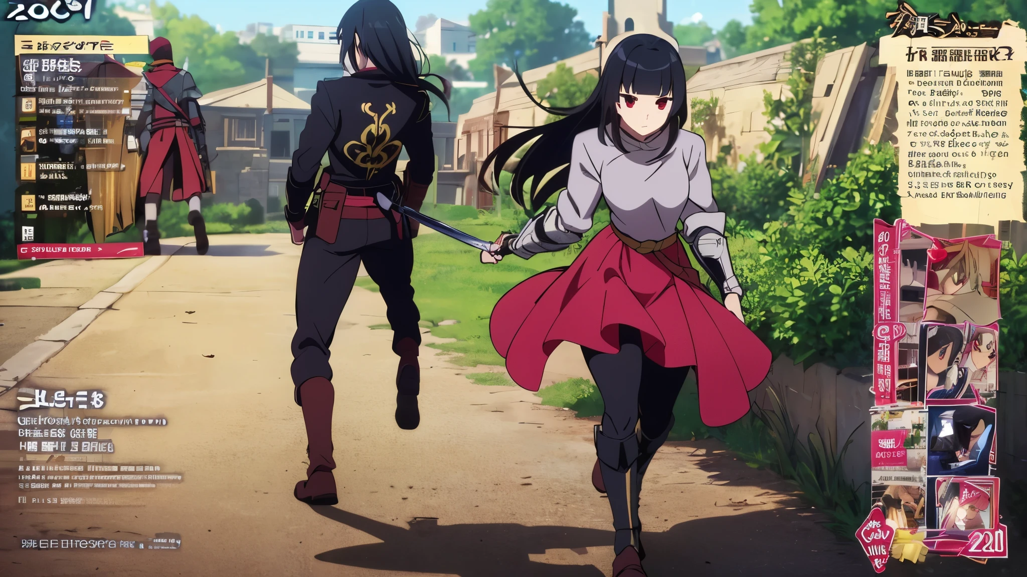 (1girl), full body, black hair, walking, best quality, expressive eyes, perfect face, Girl: (20s, black hair, long hair, dark green baggy shirt, armor), red eyes, vibrant red eyes, fantasy attire, female knight inspired, battle skirt, thick bangs, ((great sword on back))