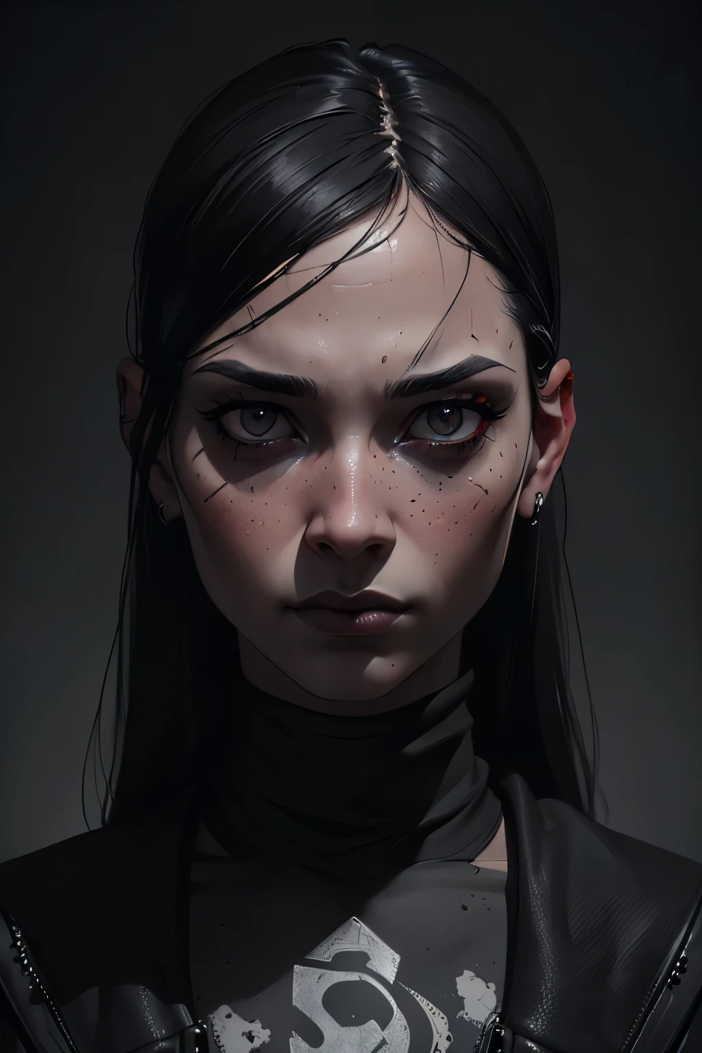 1girl, dark ambiance, femcel, nasty girl, eye sacs, grayscale, gray skin, sexy, semirealism, blackhair, poor selfcare, stinky person, bad skin care, (best quality,4k,8k,highres,masterpiece:1.2),ultra-detailed,(realistic,photorealistic,photo-realistic:1.37),HDR,UHD,vivid colors