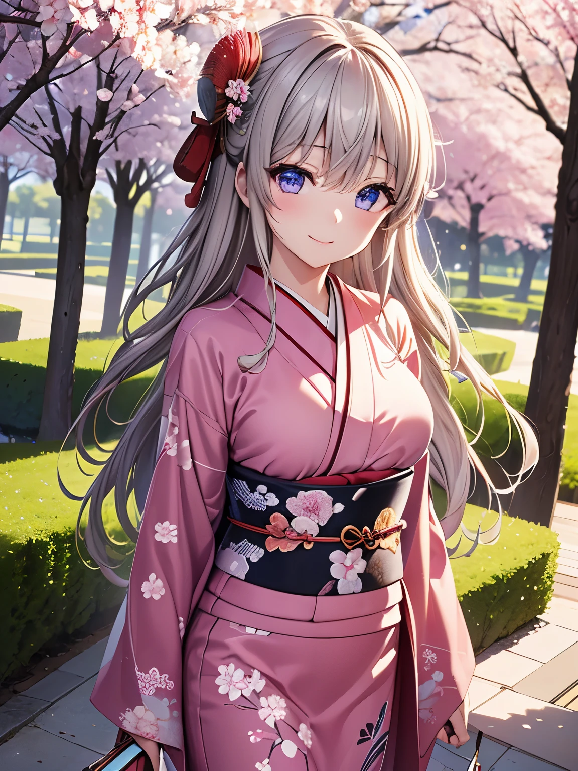 Highest quality、1 girl、Tomori、garden、cherry blossoms、Ukiyo-e prints with complex structures、Beautiful clear purple eyes、smile、blush、Cowboy Shot、Japanese Kimono、4Ｋ，8Ｋ,(Genuine、Genuine志向、写真Genuine志向:1.5）、High resolution、超High resolution、Ultra-high definition paintings、 Attractive beautiful eyes、 (Beautiful, detailed eyes:1.2), Ultra-detailed, figure,Beautiful detailed eyes,