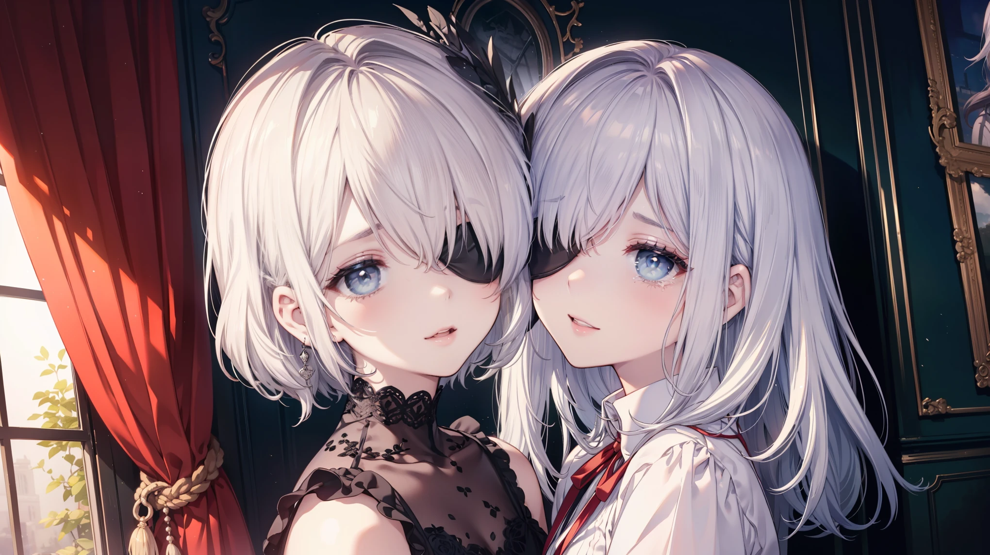 High image quality, masterpiece, Delicate Hair, Delicate eyes, Delicate fingers, ((masterpiece, 最High image quality)), High image quality, masterpiece, Delicate Hair, Delicate eyes, (Photo Original), masterpiece, Best Quality, (Perfect Face:1.1), (Attention to detail:1.1), (Ultra-detailed eyes), dramatic, Ultra-fine illustration, Extremely detailed, One Girl, (Pale skin), (Medium gray hair), Psychic Eyes, blue eyes,Tears, (Wearing an eye patch), (Light eyebrows),,Alone, smile, Open your mouth,Plump lips,Cinema Lighting, Watch the audience,Cowboy Shot,Gothicta, frilld, ribbon,Headdress, black,room