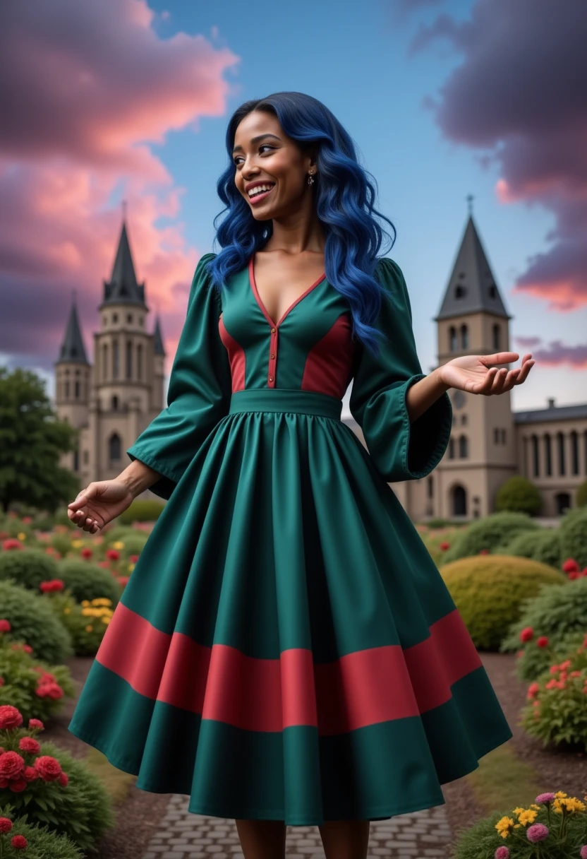 masterpiece photo of a blue-haired full-length nigerian woman with green eyes dressed in Hogwarts mage uniform actively says something while gesticulating, a cheerful facial expression, blush, interesting dynamic pose, against the background of college of magic, a rich blue-purple sky with clouds, a lot of vegetation, bright colors, intricate bizarre color combinations, colorful