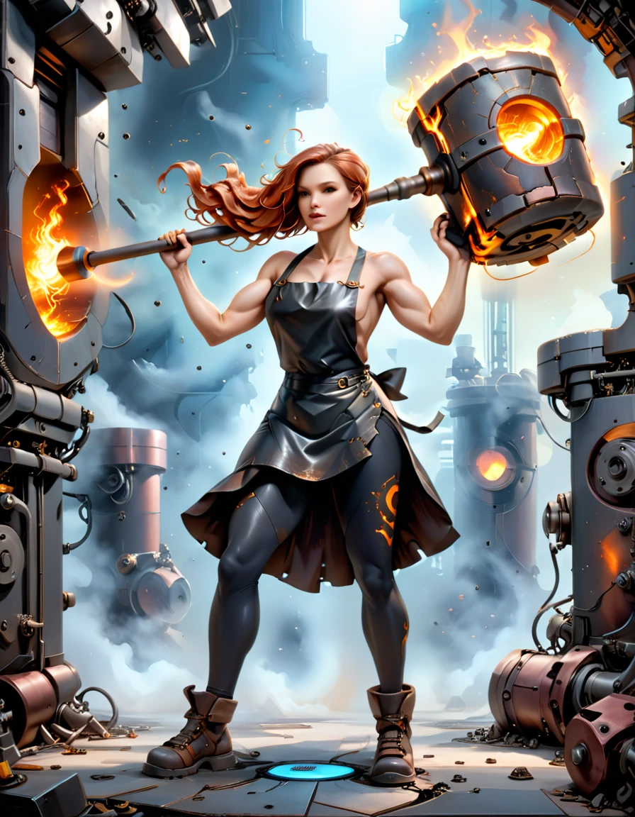 (sfw), (wide angle), 1woman, goddess of the forge, Hephaestus, ((blacksmith woman)), middle-aged woman in her 40s, slim toned physique, ((medium length wavy with crimson roots fading to black tips)), burn scars on chest and arms, (wearing leather apron, apron with glowing symbols), (tight black button up shirt) , (wearing skin tight white leggings), ((swings a huge smithy hammer in one hand, over her head)), smith's hammer is glowing green, she stands at an angelic anvil, (set inside a massive robotic factory:1.37), intricately detailed facial features, detailed piercing eyes, refined jawline, masterpiece, 8k, ((hyper realistic)), 3/4 profile view, cinematic lighting, dramatic shadows, warm color tones, intricate details, hyper-detailed, battle hammer, hyperkraximalism, perfection style 