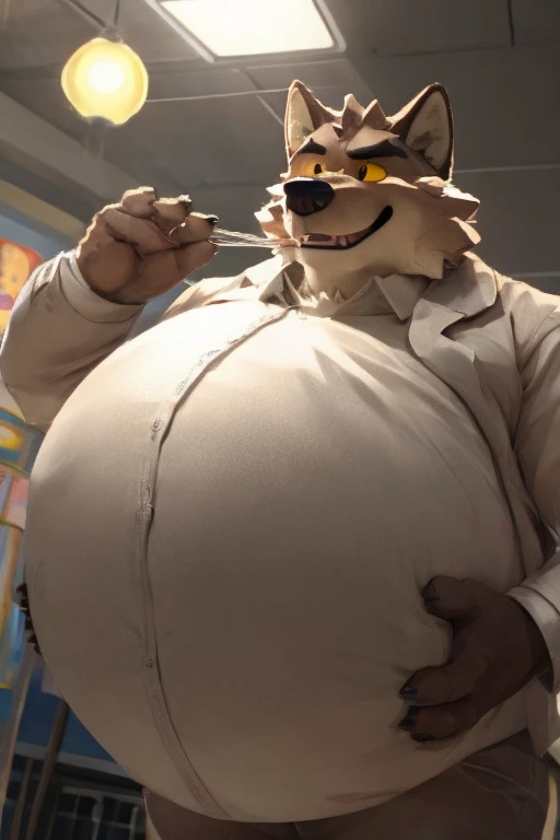 furry male, big body, his belly to massive sized , force belly inflation, belly air inflation, massive round belly, bloated belly, balloon_belly, huge belly, his belly really tight, showing his massive belly, in balloon shop , force belly inflation, realistic picture, HD picture, belly inflation, about to burst, bloated belly, body bloating up, under view, wearing clothes, belly in clothes, mr wolf, yellow sclera, Brown Fur, two-tone fur,